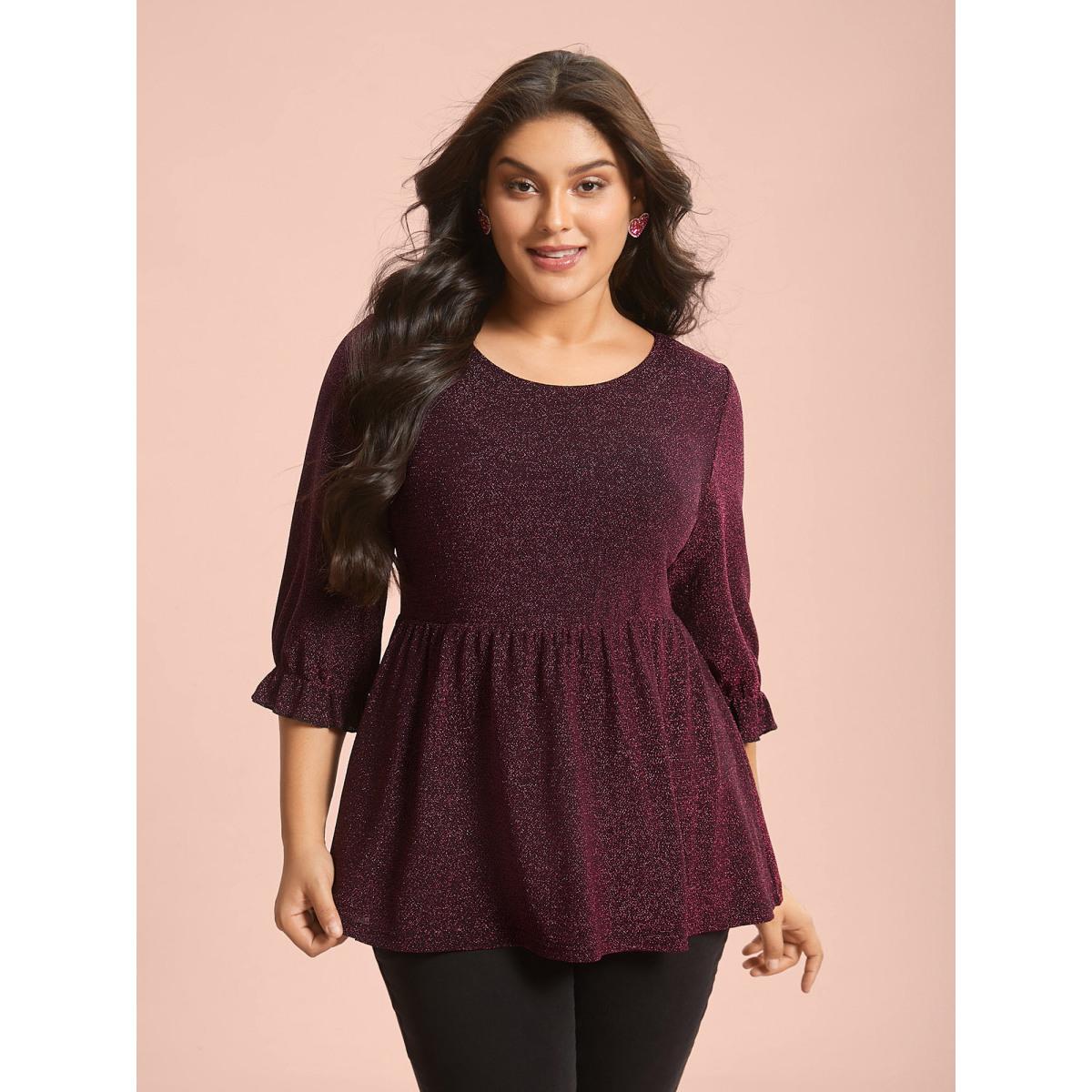 Plus Size Eggplant Crew Neck Luxe Ruffle Gathered Blouse Women Elegant Elbow-length sleeve Round Neck Everyday Blouses BloomChic 12/L Product Image