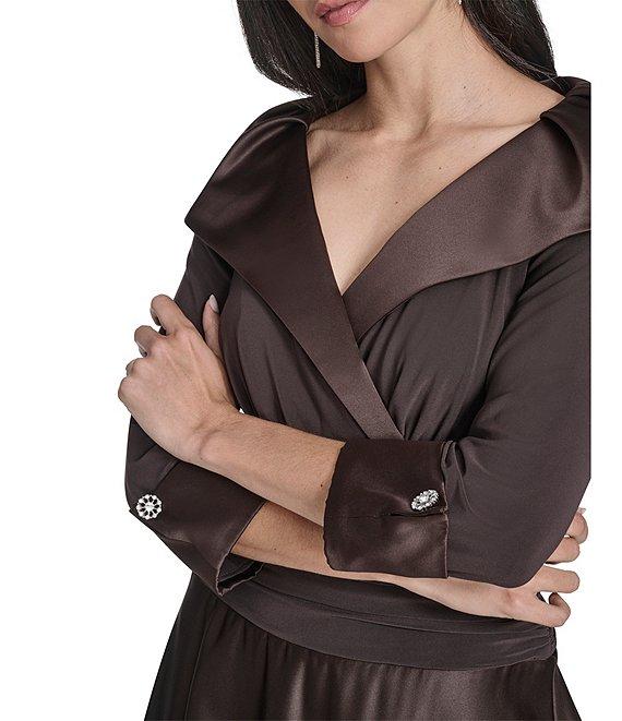 Jessica Howard Portrait Collar V-Neck 3/4 Sleeve Rhinestone Cuff Ruched Waist Satin Gown Product Image