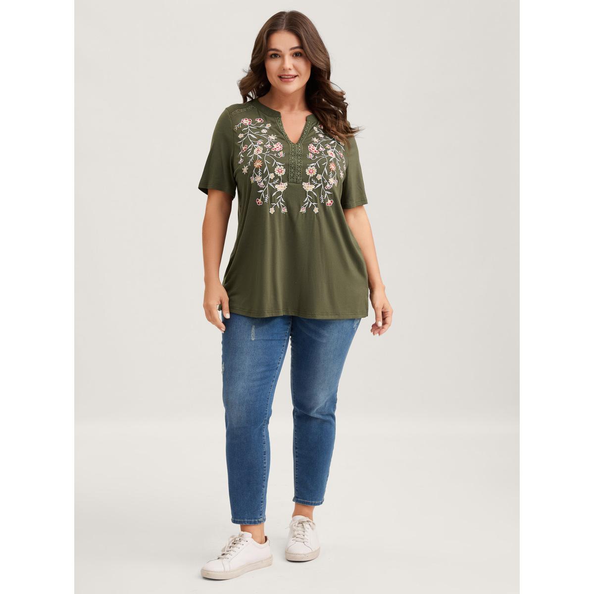 Plus Size Floral Embroidery Lace Trim T-Shirt ArmyGreen Women Leisure Woven ribbon&lace trim Flat collar with V-notch Casual T-shirts BloomChic 22-24/3X Product Image