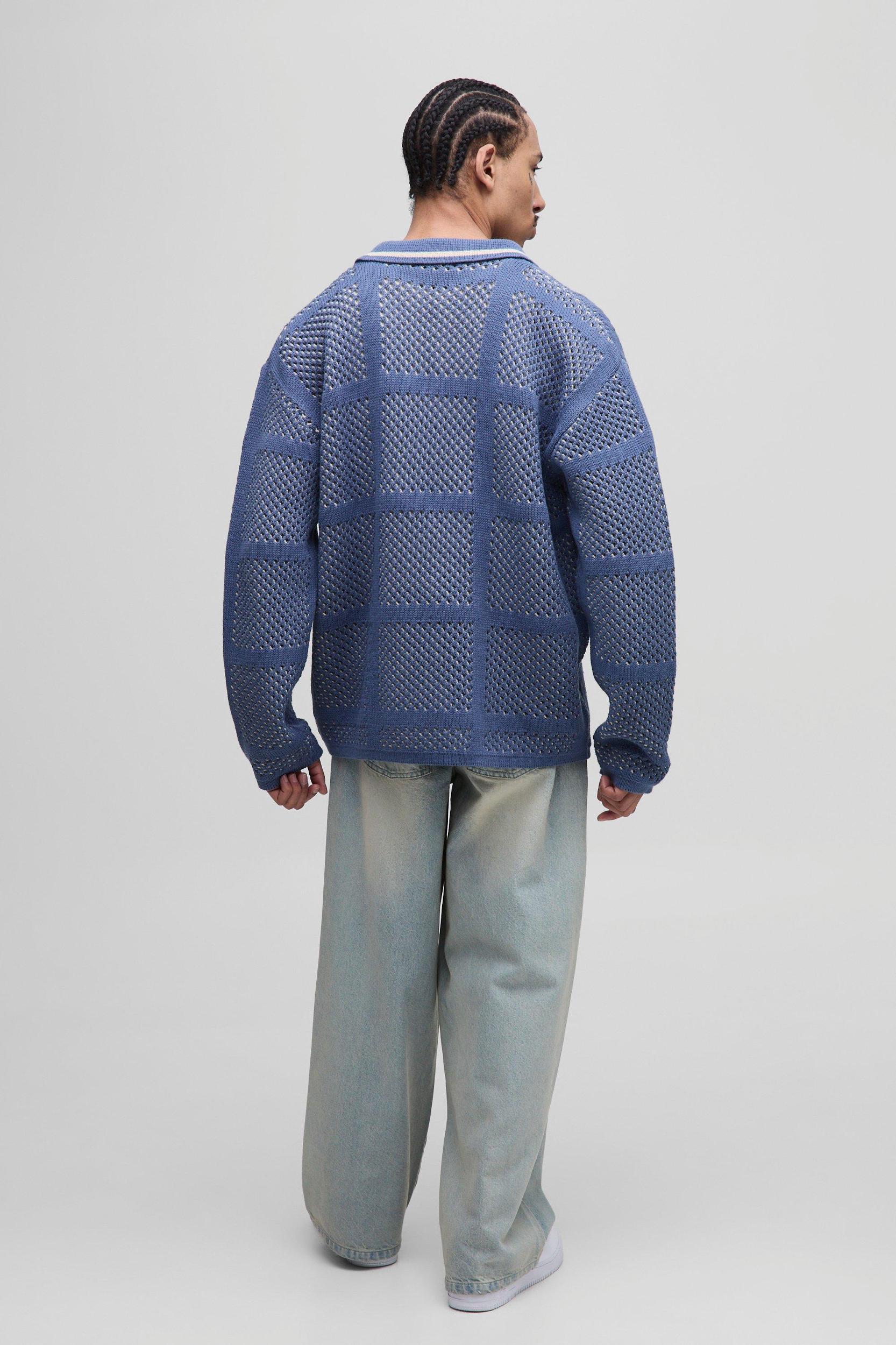 Oversized Crochet Look Rugby Knitted Polo Sweater | boohooMAN USA Product Image