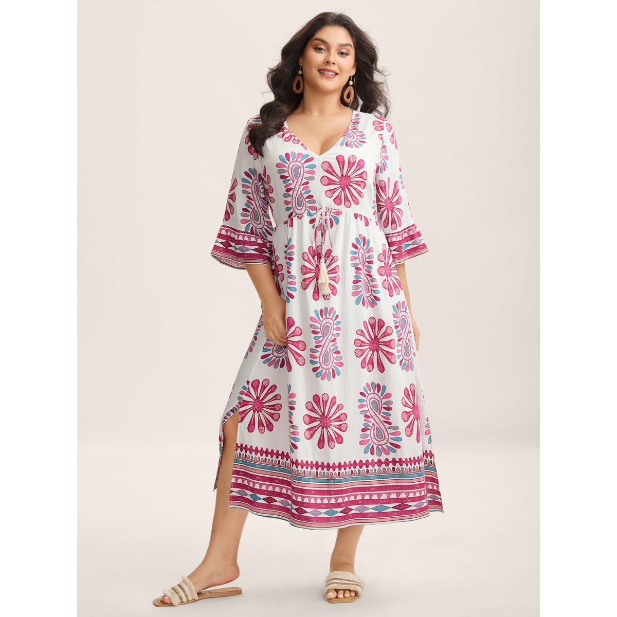 Plus Size Boho Drama Sheer A-Line Midi Dress Rosered Women Boho V-neck Elbow-length sleeve Curvy BloomChic 26/4X Product Image