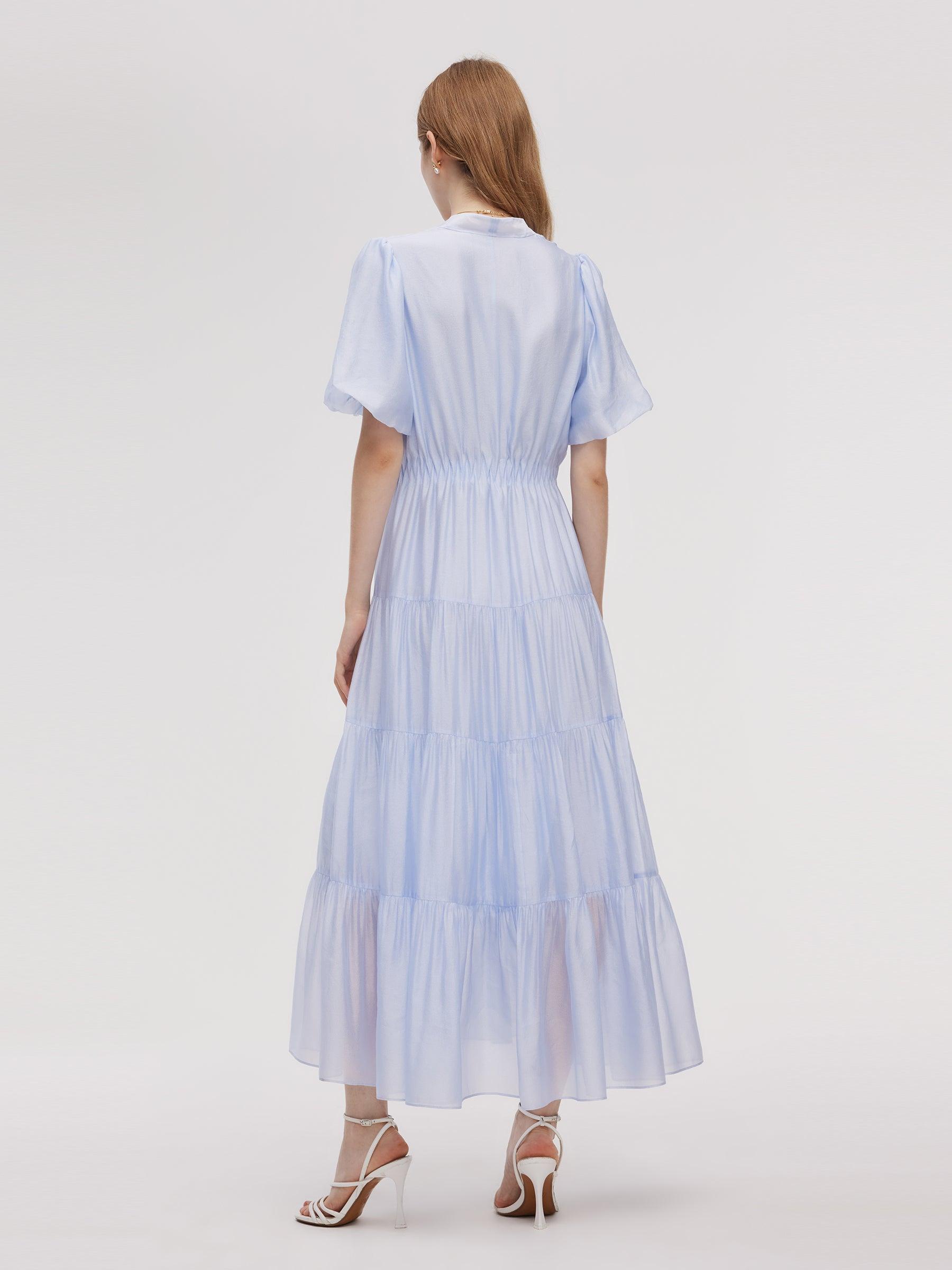 A-Line V-Neck Women Pleated Tiered Maxi Dress Product Image