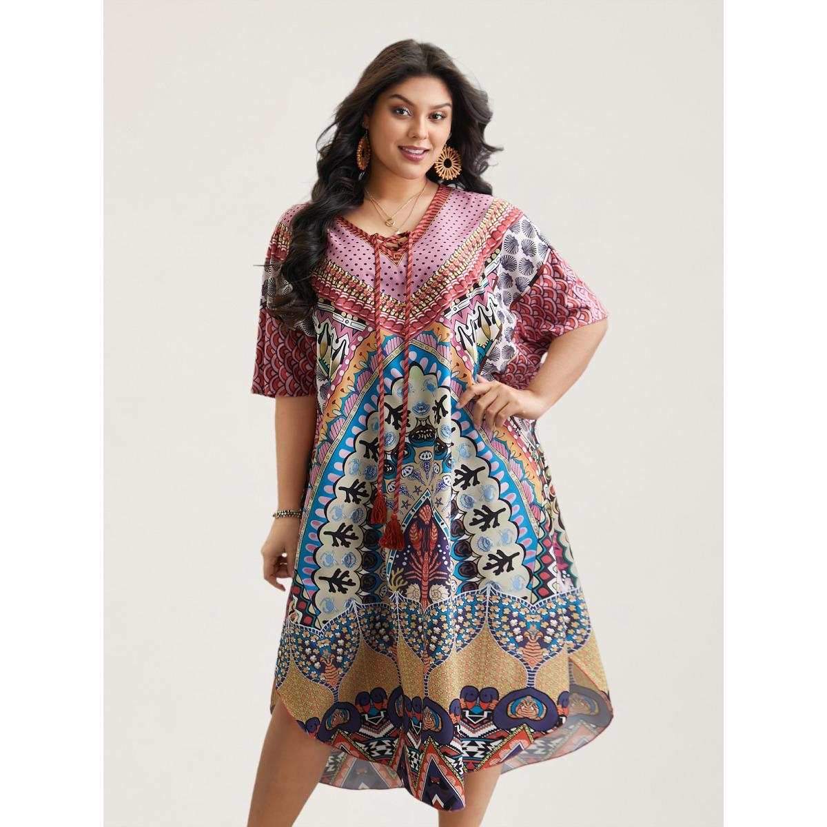 Plus Size Boho Print Ties Slit Curved Hem Midi Dress Cerulean Women Resort Wraparound straps V-neck Half Sleeve Curvy BloomChic 12/L Product Image