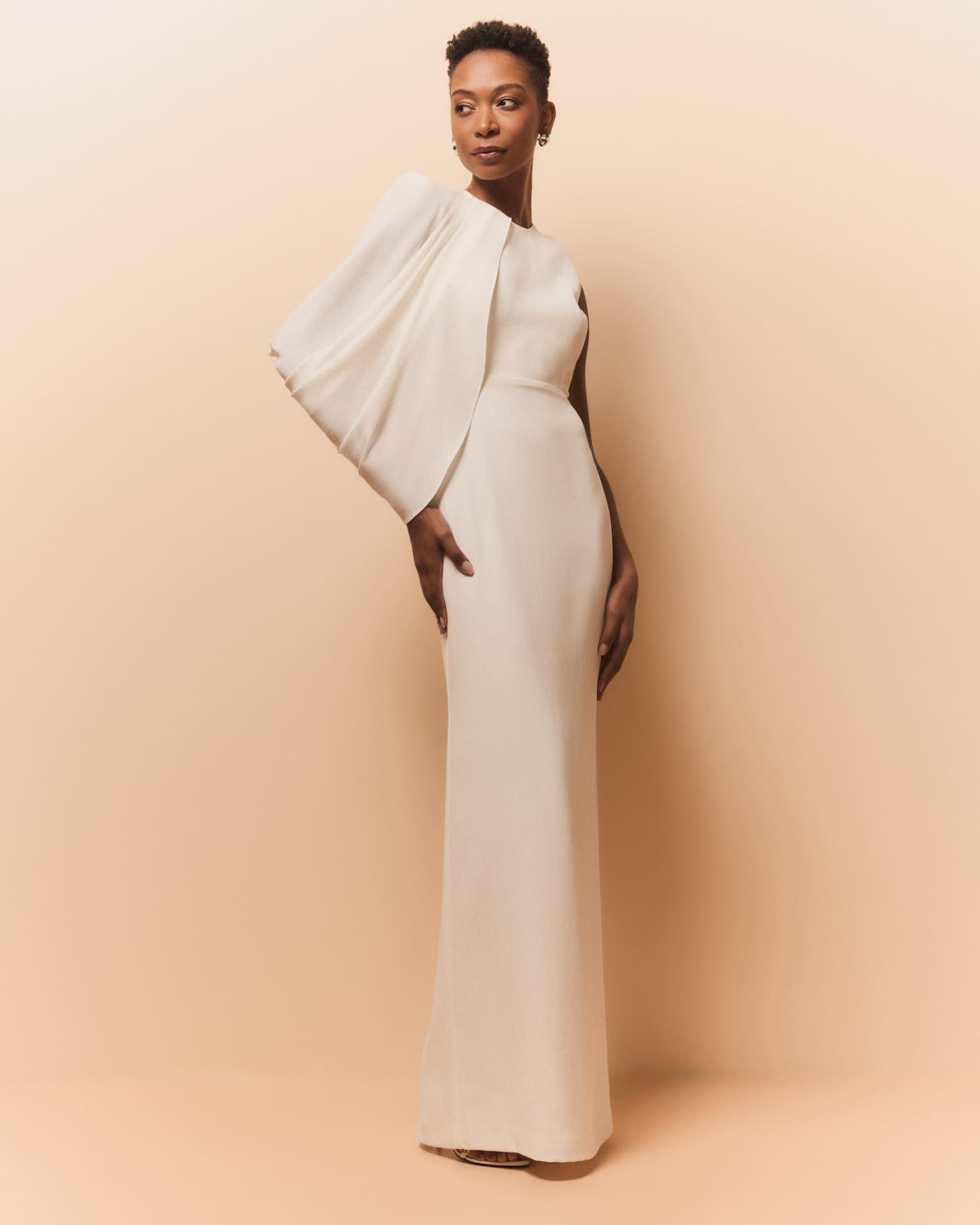 Asymmetric Cape-Sleeve Crepe Column Gown Product Image