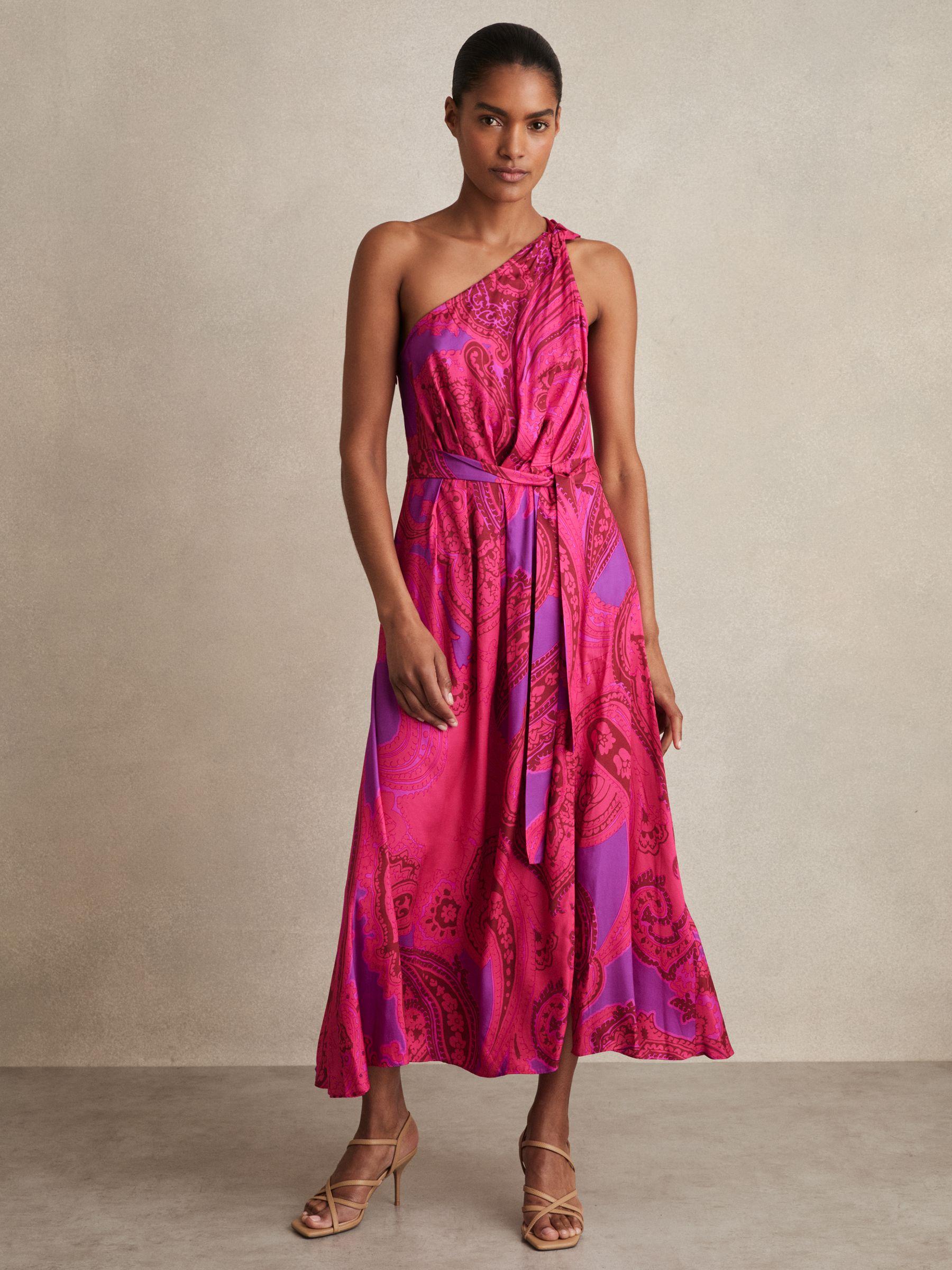 Paisley-Print One-Shoulder Midi Dress in Pink Product Image