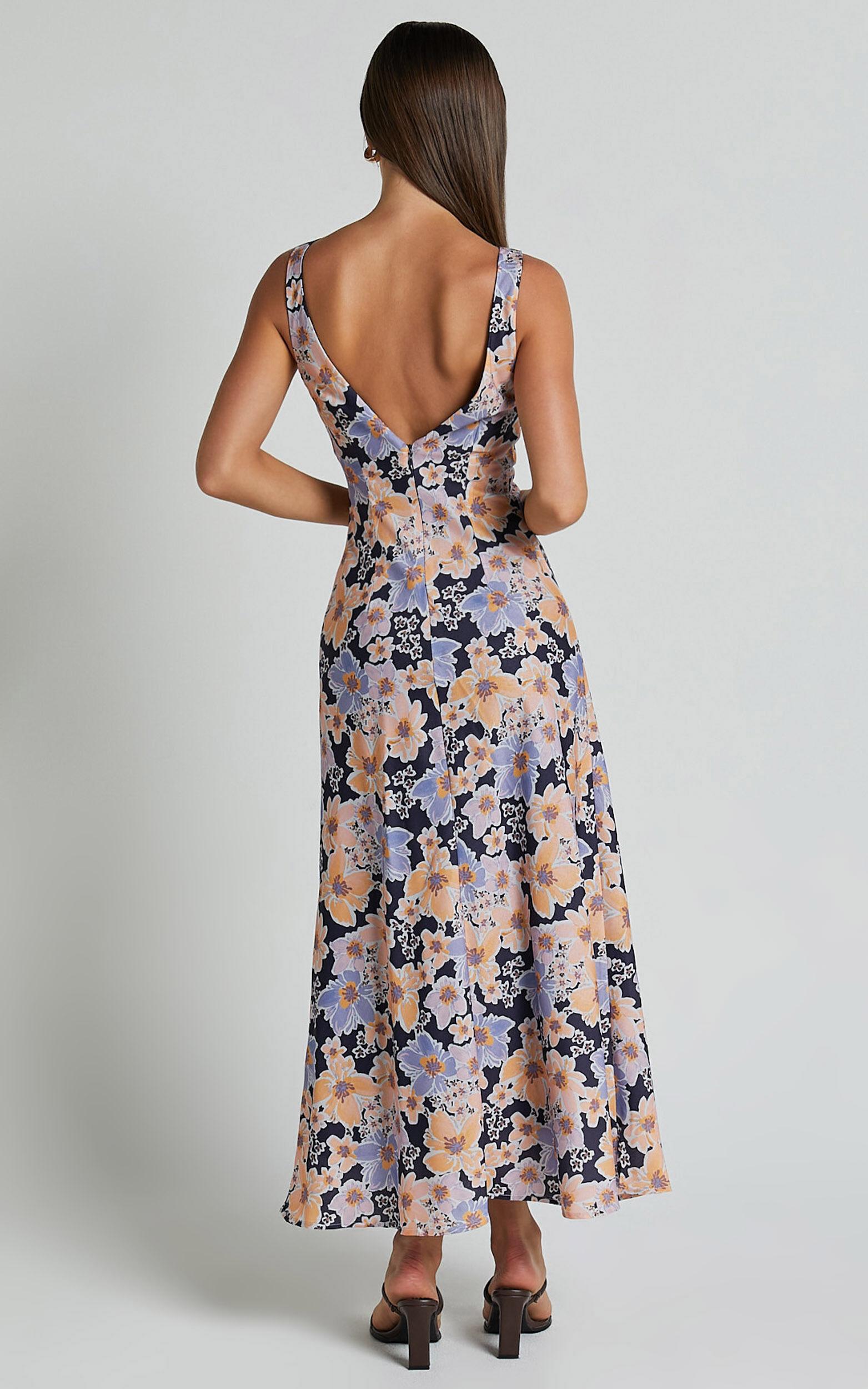 Jenibelle Midi Dress - Boat Neck Open Back Sleeveless Bias Cut Slip Dress in Mellow Floral Product Image