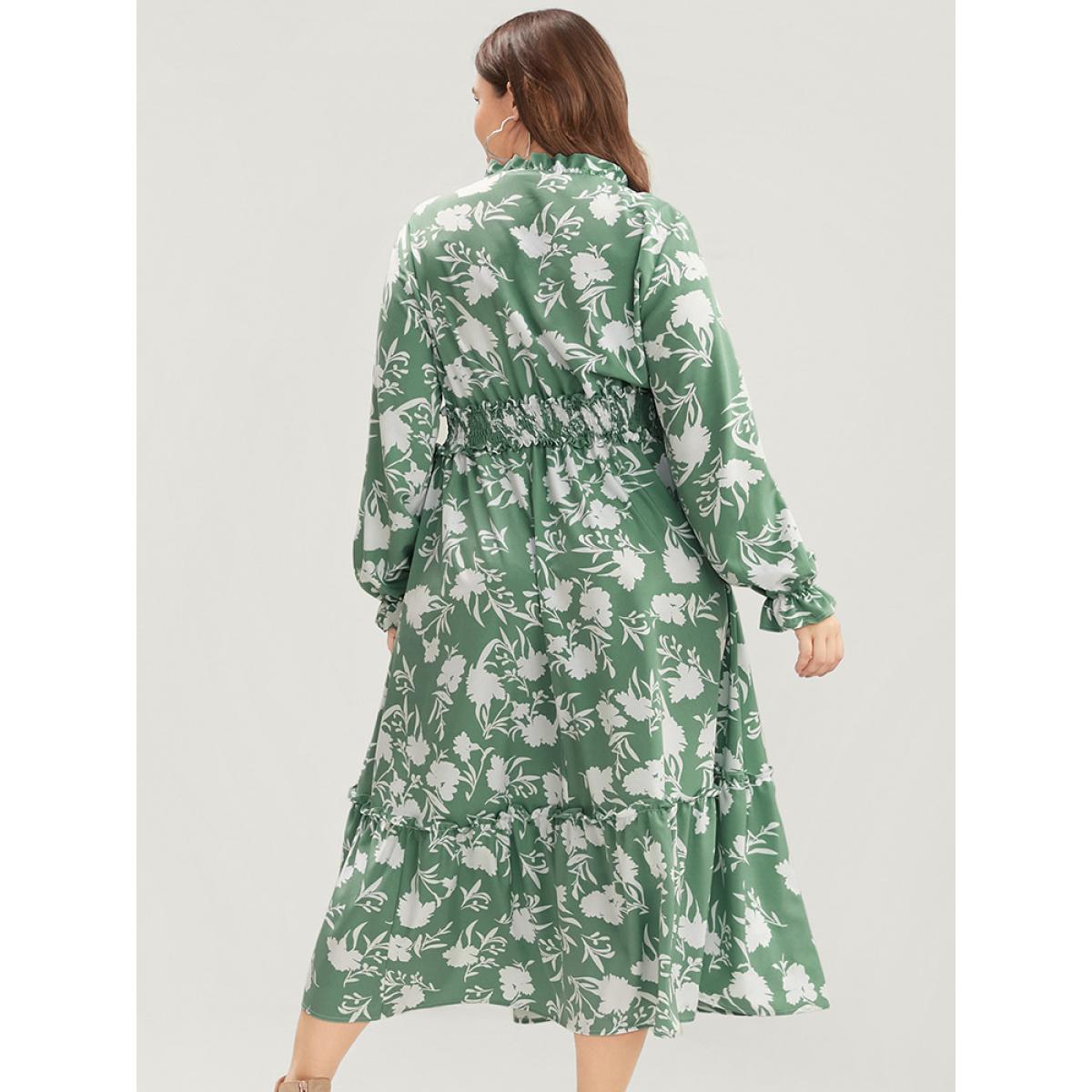 Plus Size Floral Lantern Sleeve Shirred Pocket Tie Neck Ruffle Dress Green Women Elegant Pocket Round Neck Long Sleeve Curvy Midi Dress BloomChic 26/4X Product Image