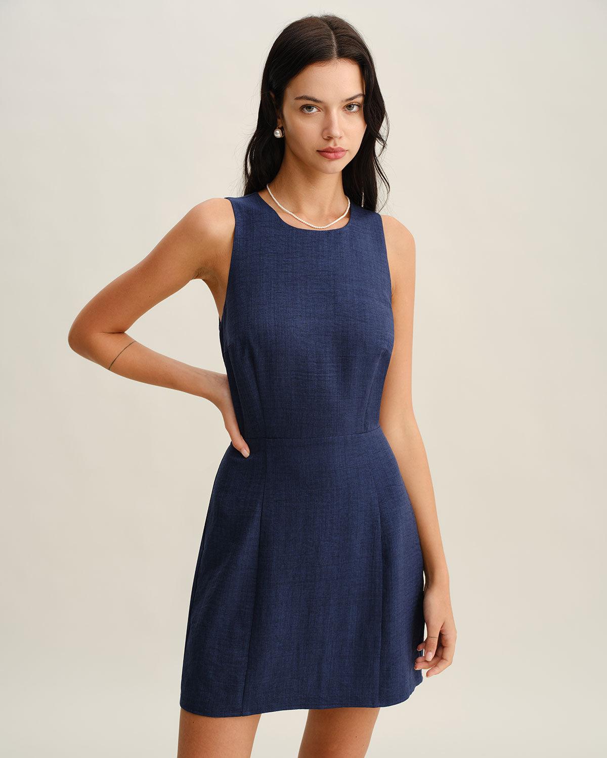 Blue Round Neck Zipper Sleeveless Mini Dress Product Image