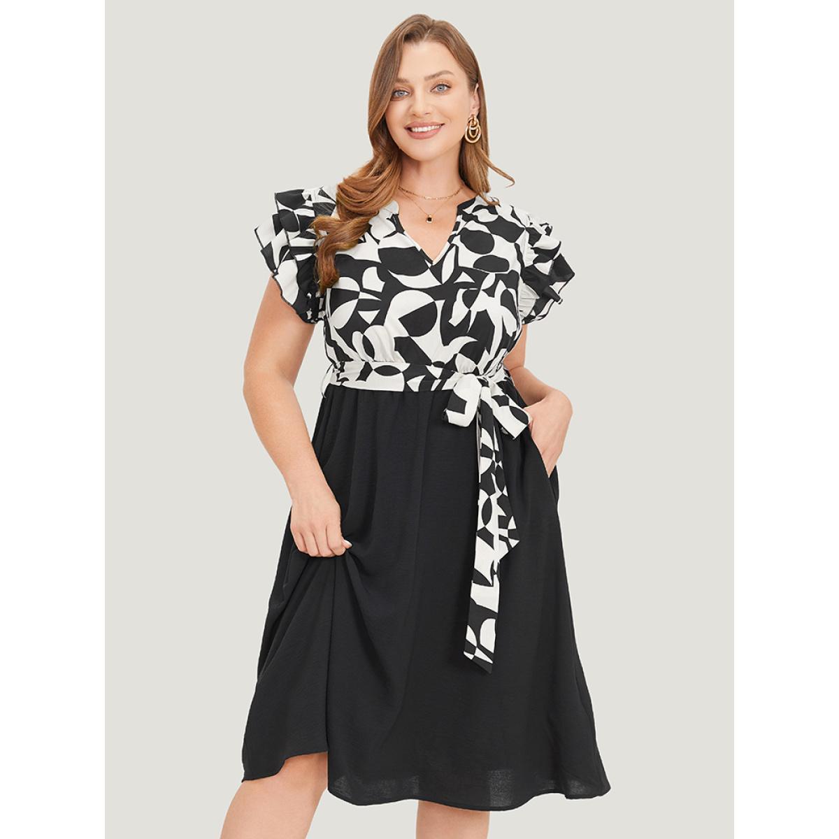 Plus Size Geometric Pocket Belted Ruffle Sleeve Notched Dress White Women Office Plain Notched collar Cap Sleeve Curvy Midi Dress BloomChic 30/6X Product Image