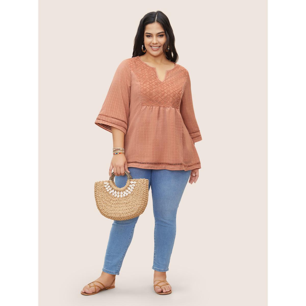 Plus Size Coral Solid Notched Lace Panel Bell Sleeve Blouse Women Resort Elbow-length sleeve Flat collar with V-notch Vacation Blouses BloomChic 26/4X Product Image