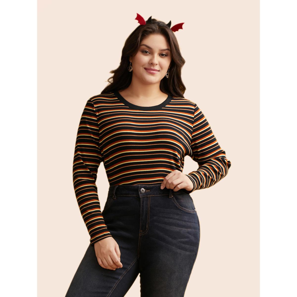 Plus Size Striped Knit Crew Neck T-shirt Black Women Casual Texture V-neck Bodycon Everyday T-shirts BloomChic 30/6X Product Image