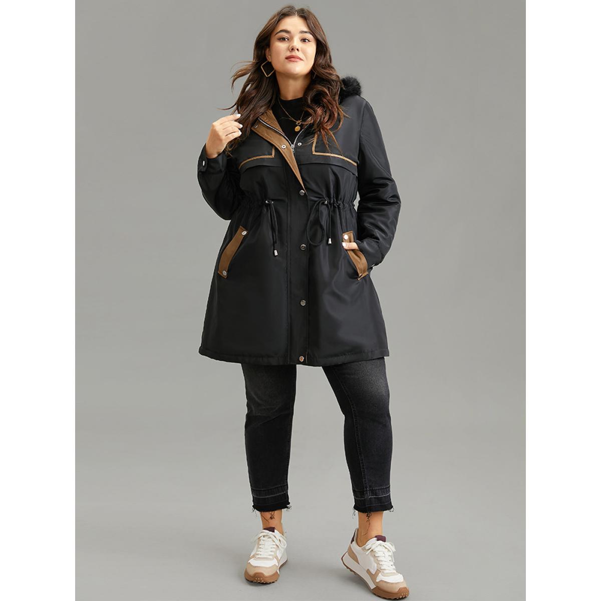 Plus Size Contrast Drawstring Patchwork Zipper Fuzzy Trim Coat Women Black Casual Lined Ladies Dailywear Winter Coats BloomChic 28/5X Product Image