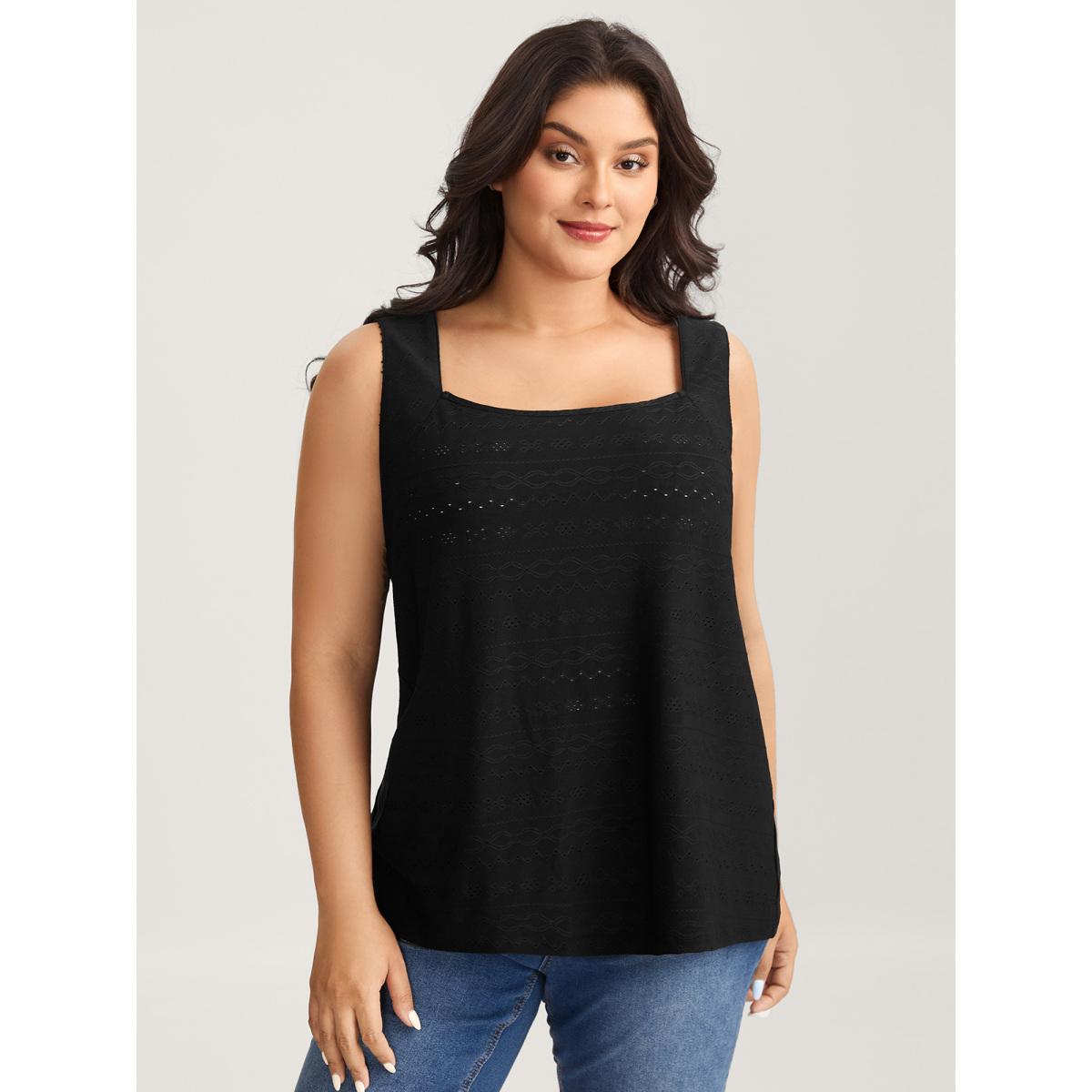 Plus Size Jacquard Eyelet Trim Backless Tank Top Women Black Woven ribbon&lace trim U-neck Everyday-Casual Tank Tops Camis BloomChic 12/L Product Image
