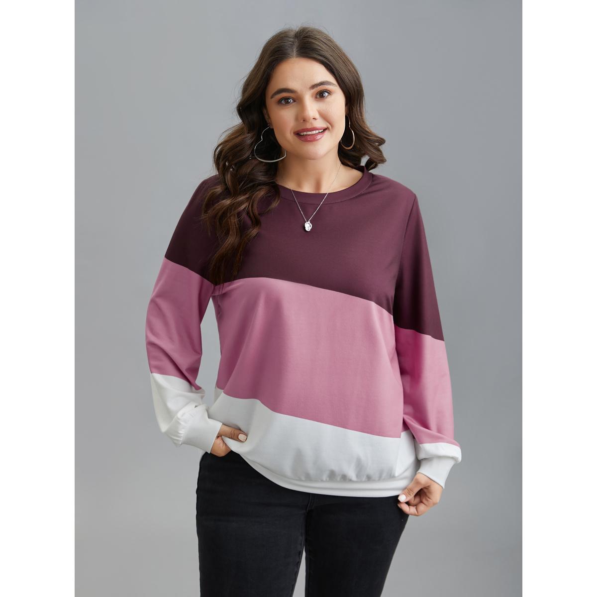 Plus Size Color Block Round Neck Sweatshirt Women Multicolor Casual Contrast V-neck Everyday Sweatshirts BloomChic 30/6X Product Image