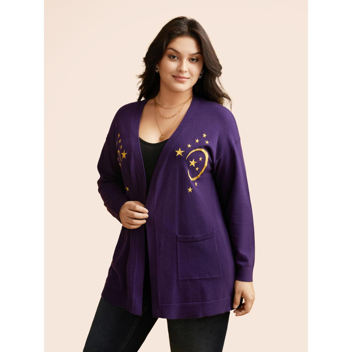 Plus Size Supersoft Essentials Celestial Embroidered Cardigan Eggplant Women Casual Loose Long Sleeve Everyday Cardigans BloomChic 30/6X Product Image