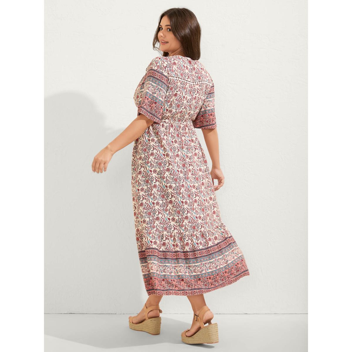 Plus Size Floral Print Lace Waist Drawstring Maxi Dress Salmon Women Boho Woven ribbon&lace trim Flat collar with V-notch Half Sleeve Curvy BloomChic 26/4X Product Image