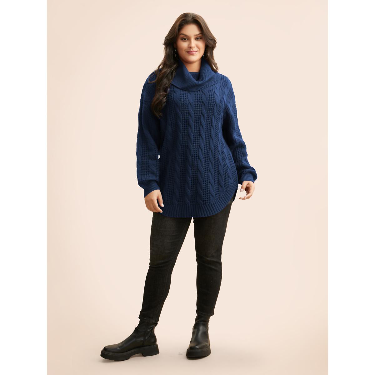 Plus Size Turtleneck Cable Knit Curved Hem Pullover Burgundy Women Leisure Loose Long Sleeve Turtleneck Casual Pullovers BloomChic 28/5X Product Image