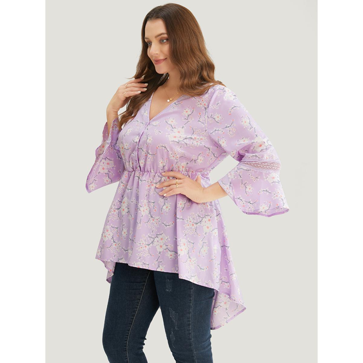 Plus Size Lilac Floral Bell Sleeve Button Through High Low Hem Blouse Women Elegant Elbow-length sleeve V-neck Dailywear Blouses BloomChic 28/5X Product Image