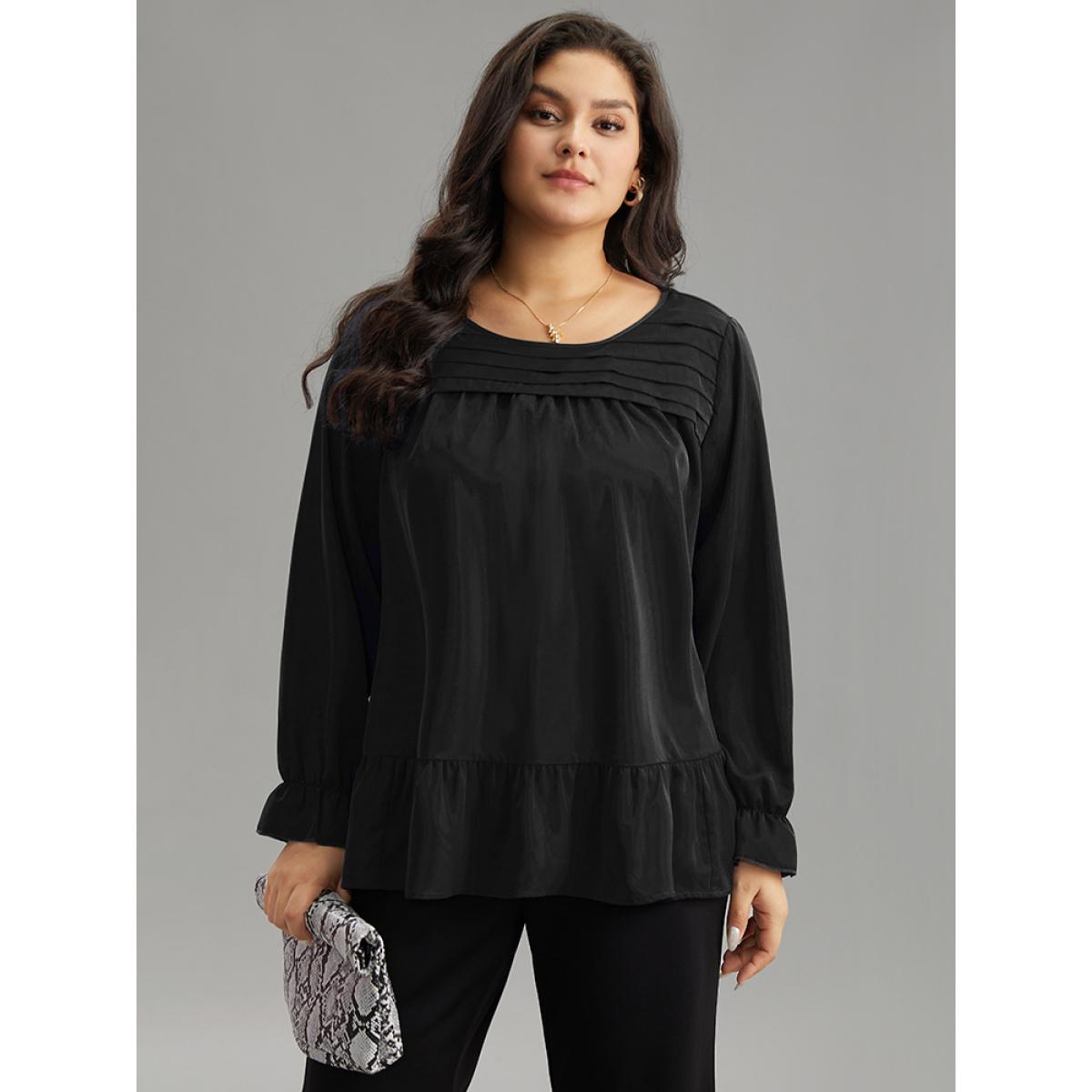 Plus Size Black Static-Free Plain Pleated Ruffles Lantern Sleeve Blouse Women Office Long Sleeve Round Neck Work Blouses BloomChic 10/M Product Image