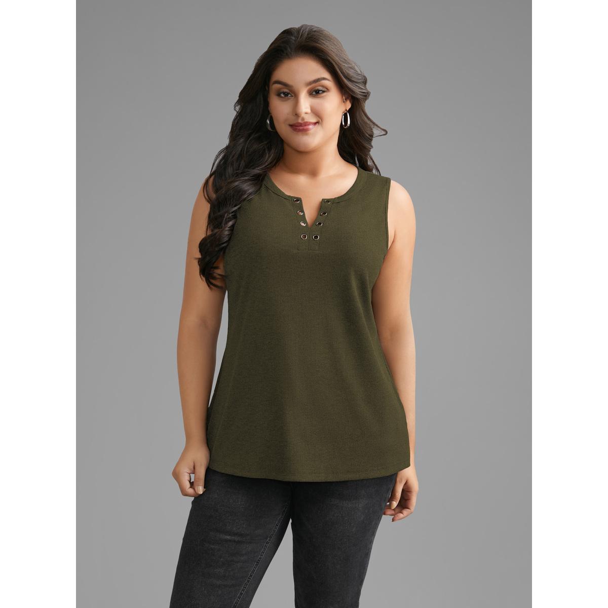 Plus Size Notched Collar Eyelet Tank Top Women ArmyGreen Casual Eyelet Notched collar Everyday Tank Tops Camis BloomChic 18-20/2X Product Image