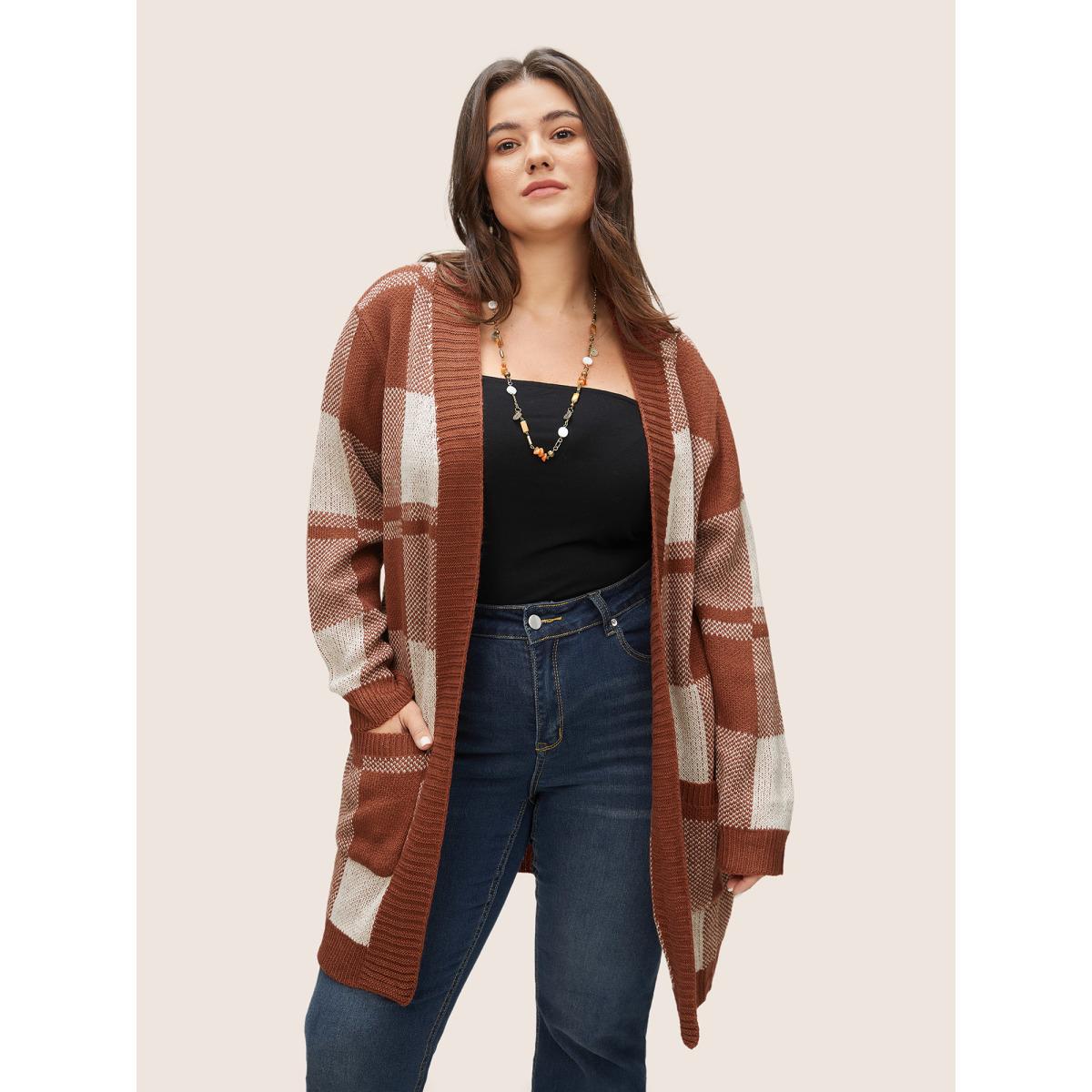 Plus Size Contrast Colorblock Pocket Open Front Cardigan Brown Women Casual Loose Long Sleeve Dailywear Cardigans BloomChic 28/5X Product Image
