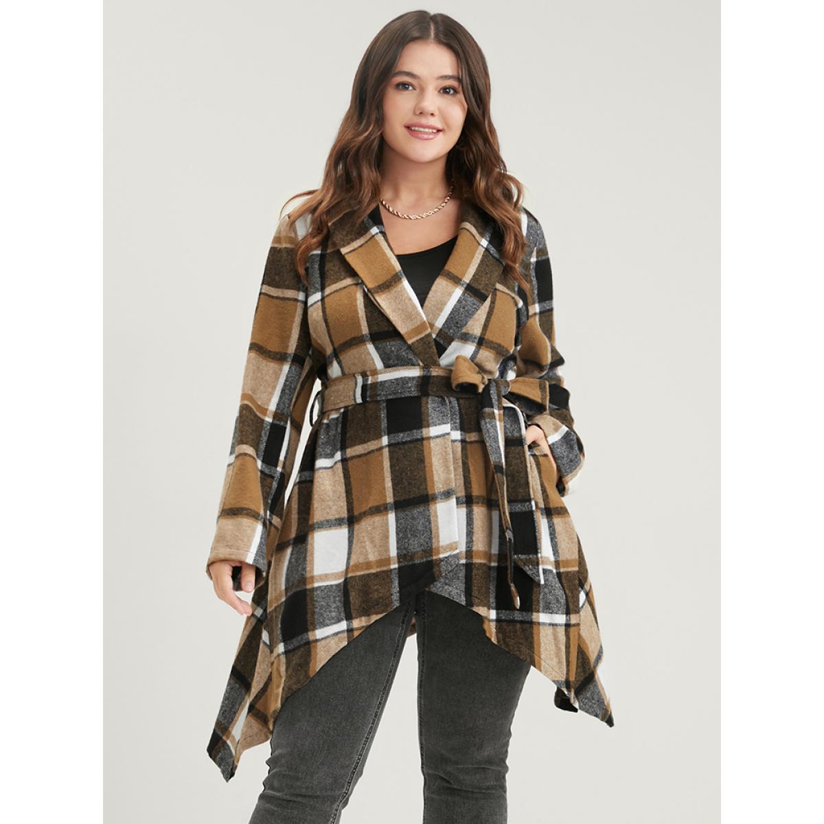 Plus Size Plaid Pocket Lapel Collar Asymmetrical Hem Belted Coat Women Bronze Elegant Button Ladies Dailywear Winter Coats BloomChic 22-24/3X Product Image