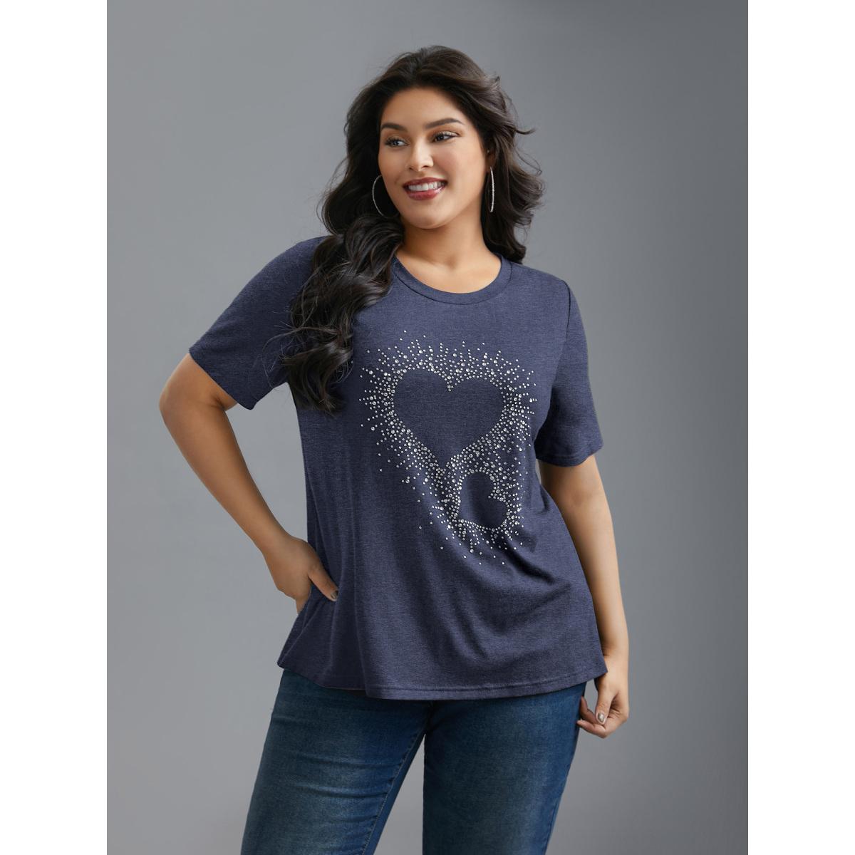 Plus Size Crew Neck Rhinestone Heart T-Shirt DarkBlue Women Casual Rhinestone detailing Round Neck Everyday T-shirts BloomChic 14-16/1X Product Image