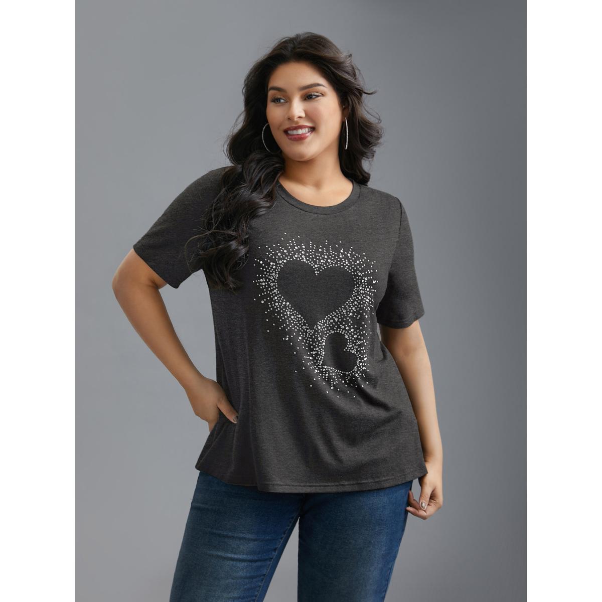 Plus Size Crew Neck Rhinestone Heart T-Shirt DarkBlue Women Casual Rhinestone detailing Round Neck Everyday T-shirts BloomChic 14-16/1X Product Image