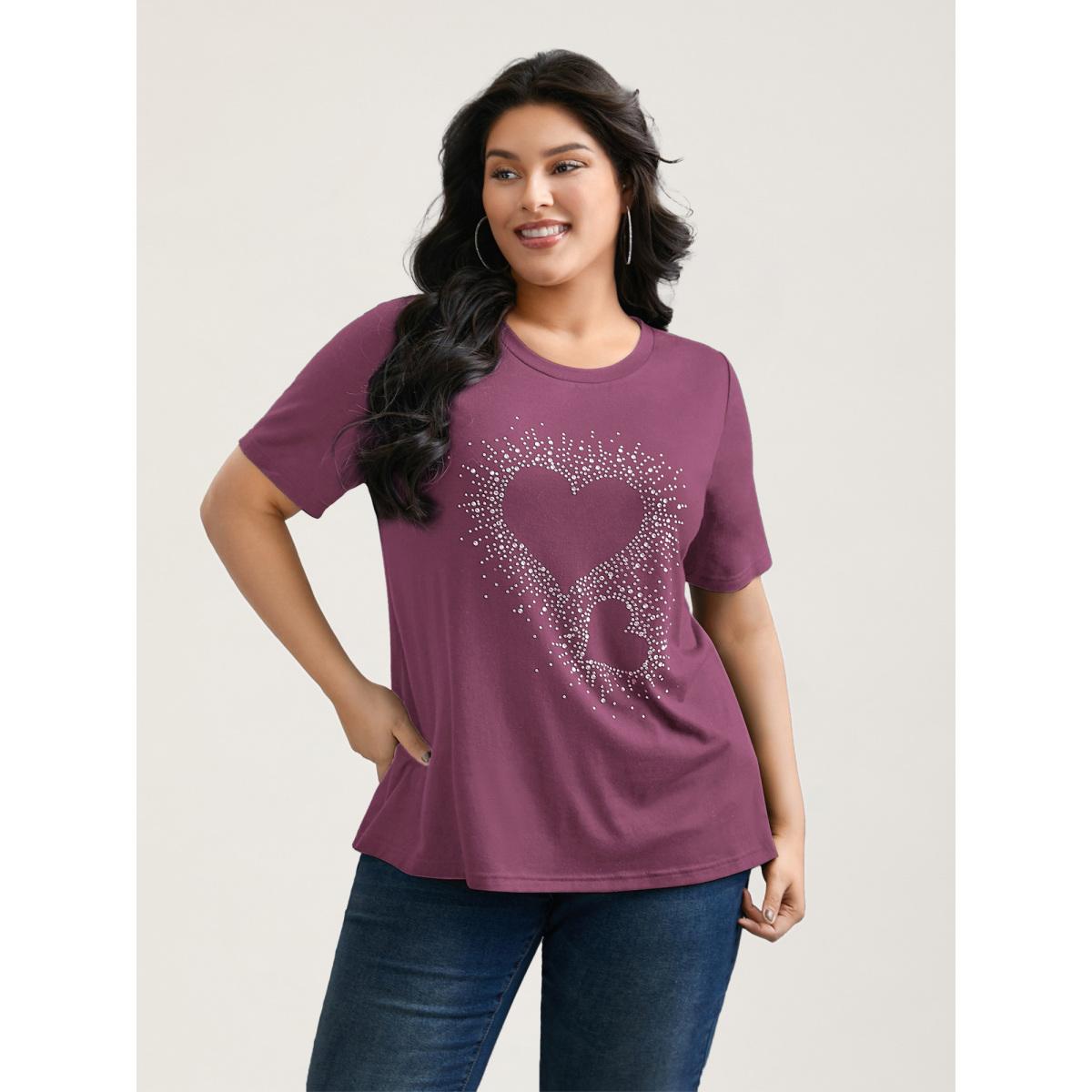 Plus Size Crew Neck Rhinestone Heart T-Shirt Deeppurplered Women Casual Rhinestone detailing Round Neck Everyday T-shirts BloomChic 26/4X Product Image