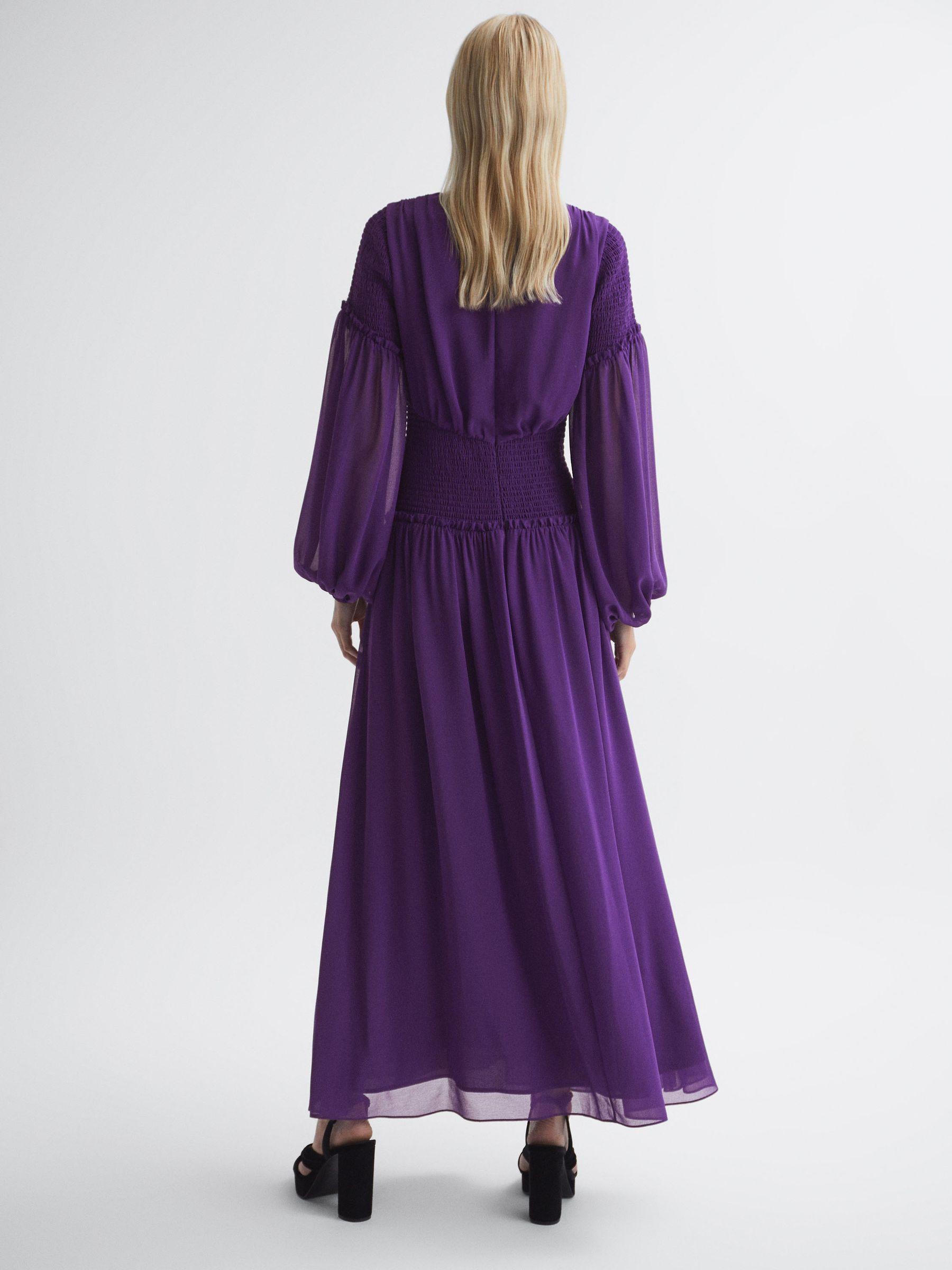 Florere Plunge Neck Shirred Maxi Dress in Dark Purple Product Image