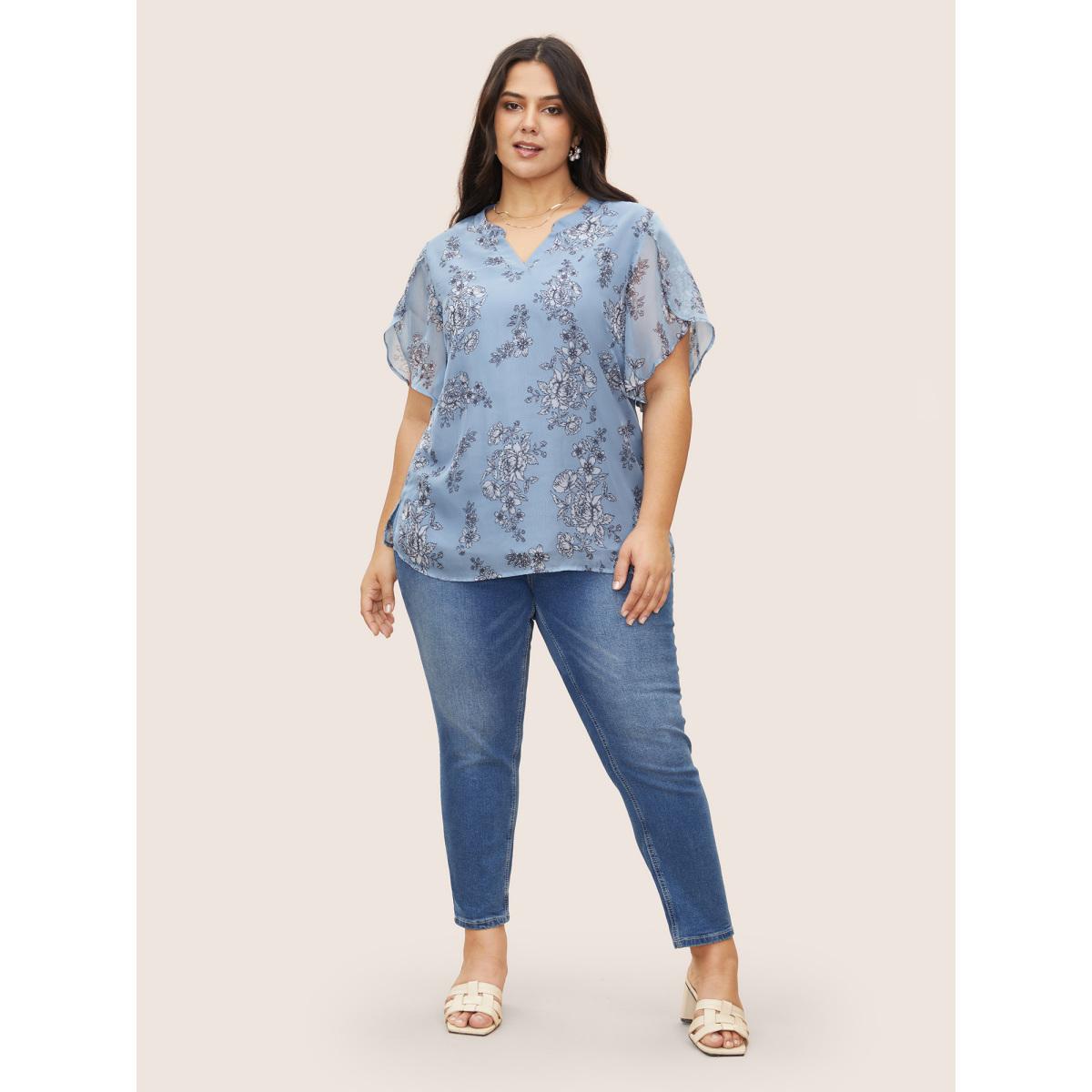 Plus Size Stone Chiffon Floral Print Flat Collar With V Notch Petal Sleeve Blouse Women Elegant Short sleeve V-neck Everyday Blouses BloomChic 18-20/2X Product Image