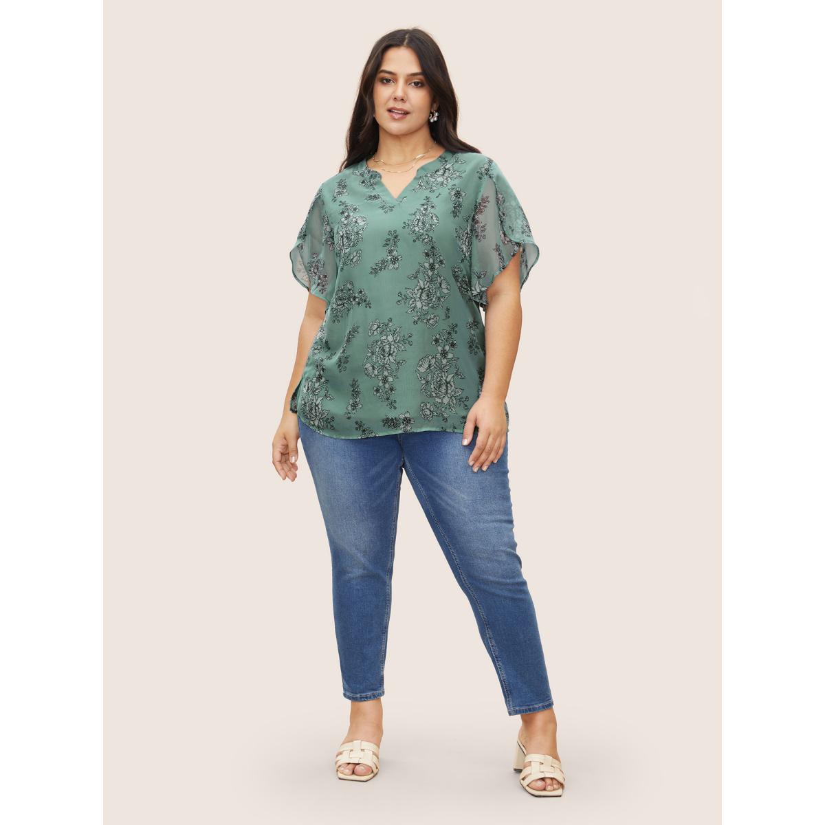 Plus Size Emerald Chiffon Floral Print Flat Collar With V Notch Petal Sleeve Blouse Women Elegant Short sleeve V-neck Everyday Blouses BloomChic 30/6X Product Image