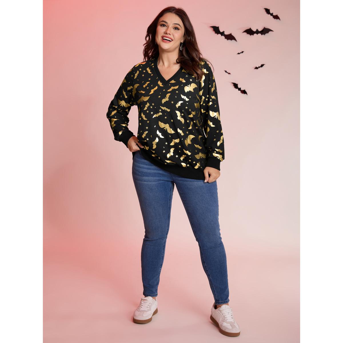 Plus Size Gold Bat Print Stretchy V-Neck Sweatshirt Women Black Leisure Non V-neck Casual Sweatshirts BloomChic 14-16/1X Product Image