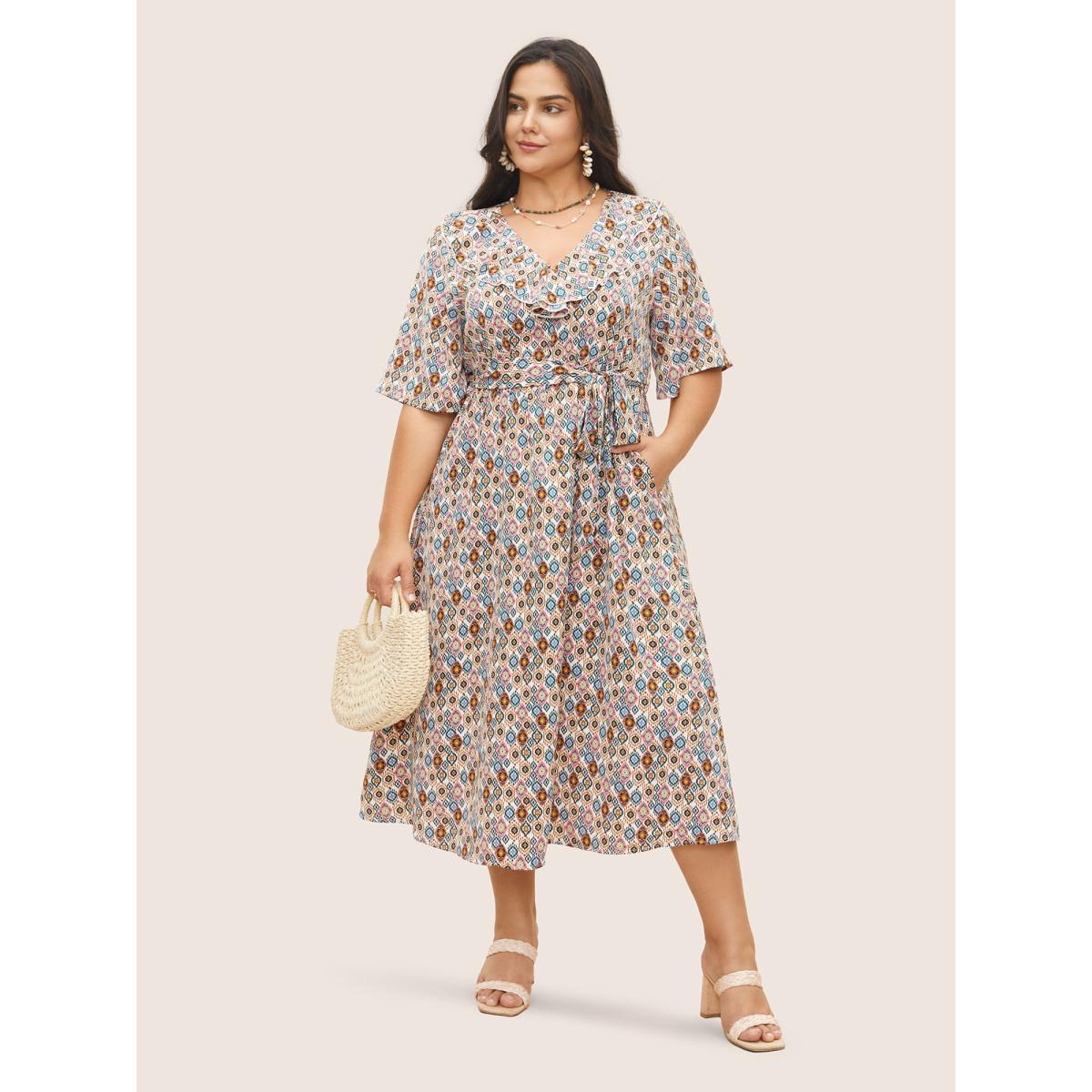 Plus Size Bandana Geometric Ruffle Trim Belted Dress DarkGreen Women Resort Non V-neck Half Sleeve Curvy Midi Dress BloomChic 10/M Product Image