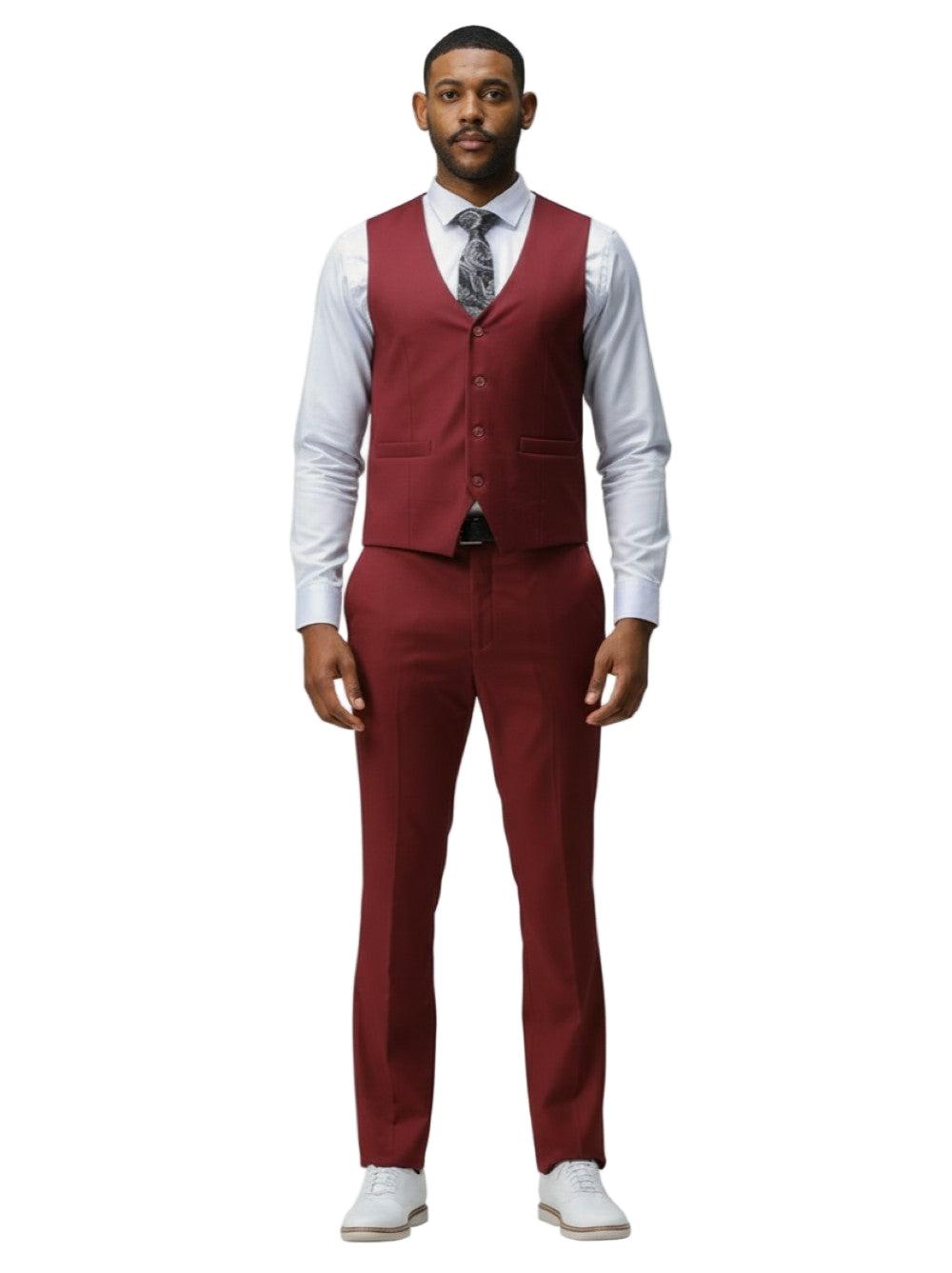 Men's Slim Fit Solid Burgundy 3 Piece Suit Male Product Image