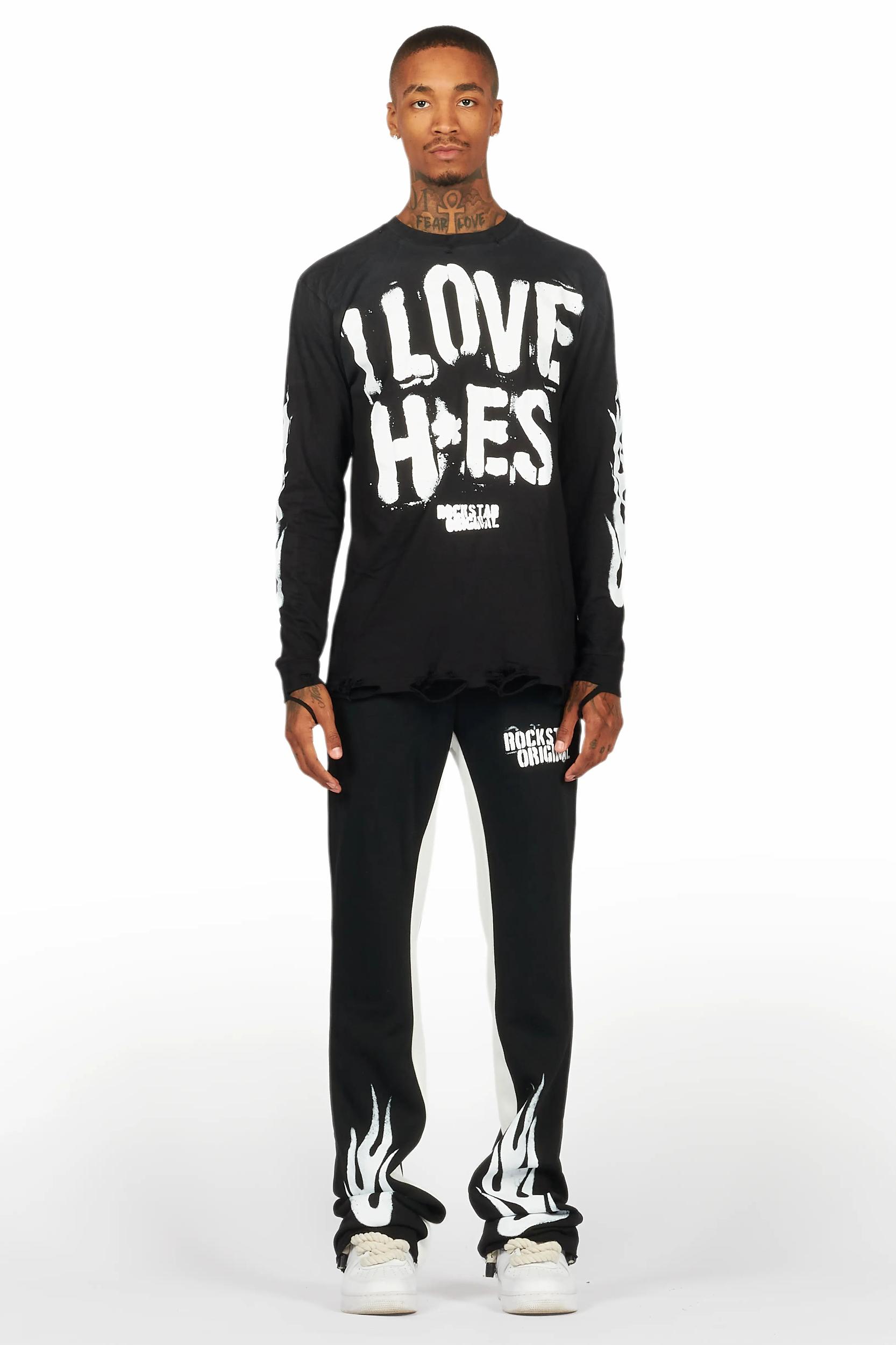 Banyan Black/White Long Sleeve T-Shirt/Stacked Baggy Track Pant Set Male Product Image