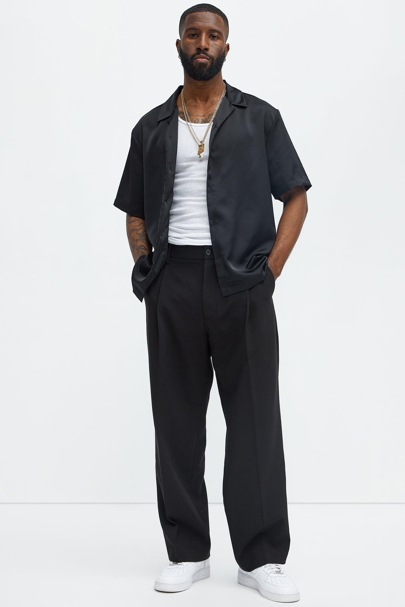 Links Satin Short Sleeve Button Up Shirt - Black Product Image