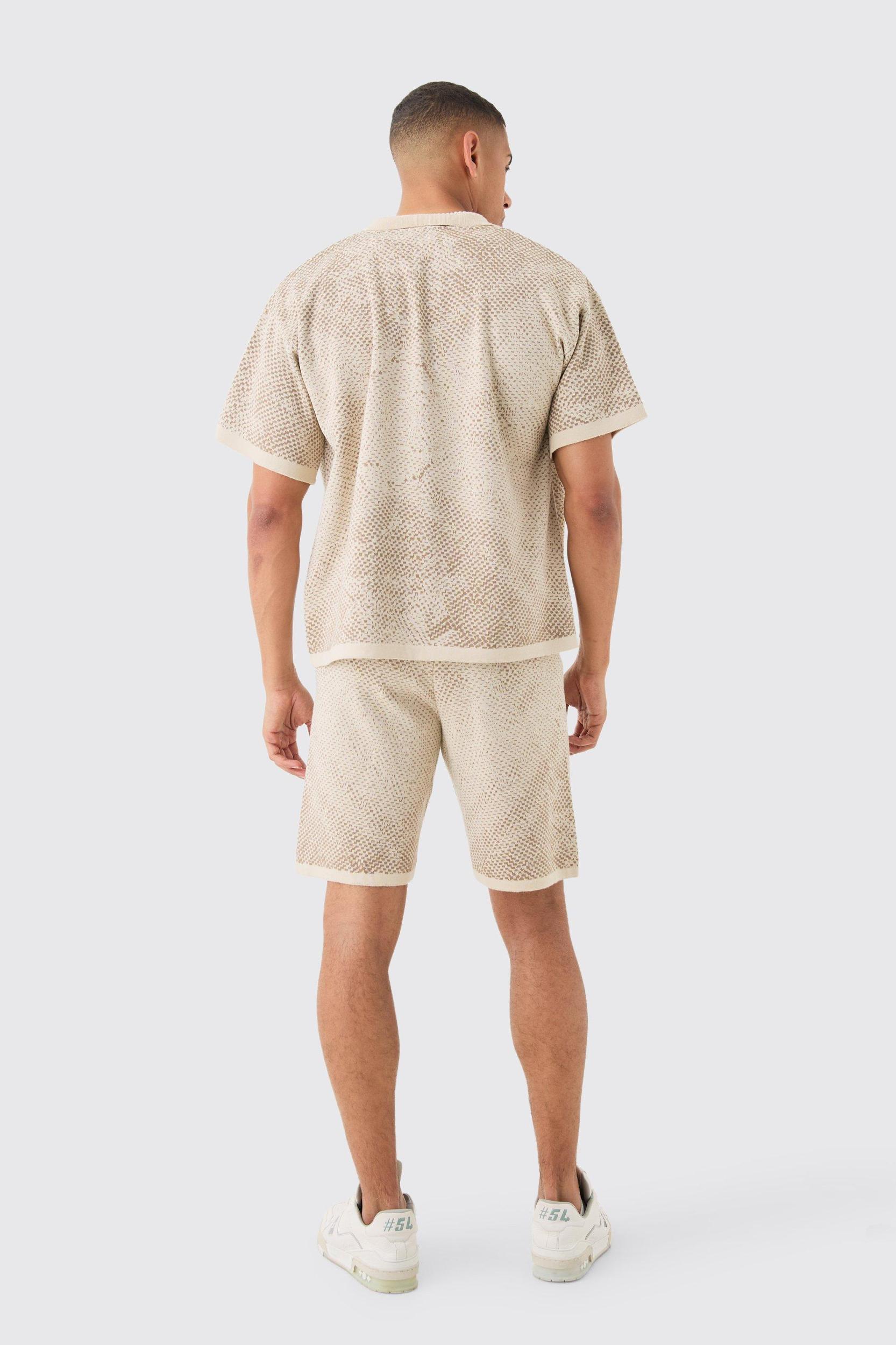 Boxy Face Jacquard Knitted Shirt And Short Set | boohooMAN USA Product Image