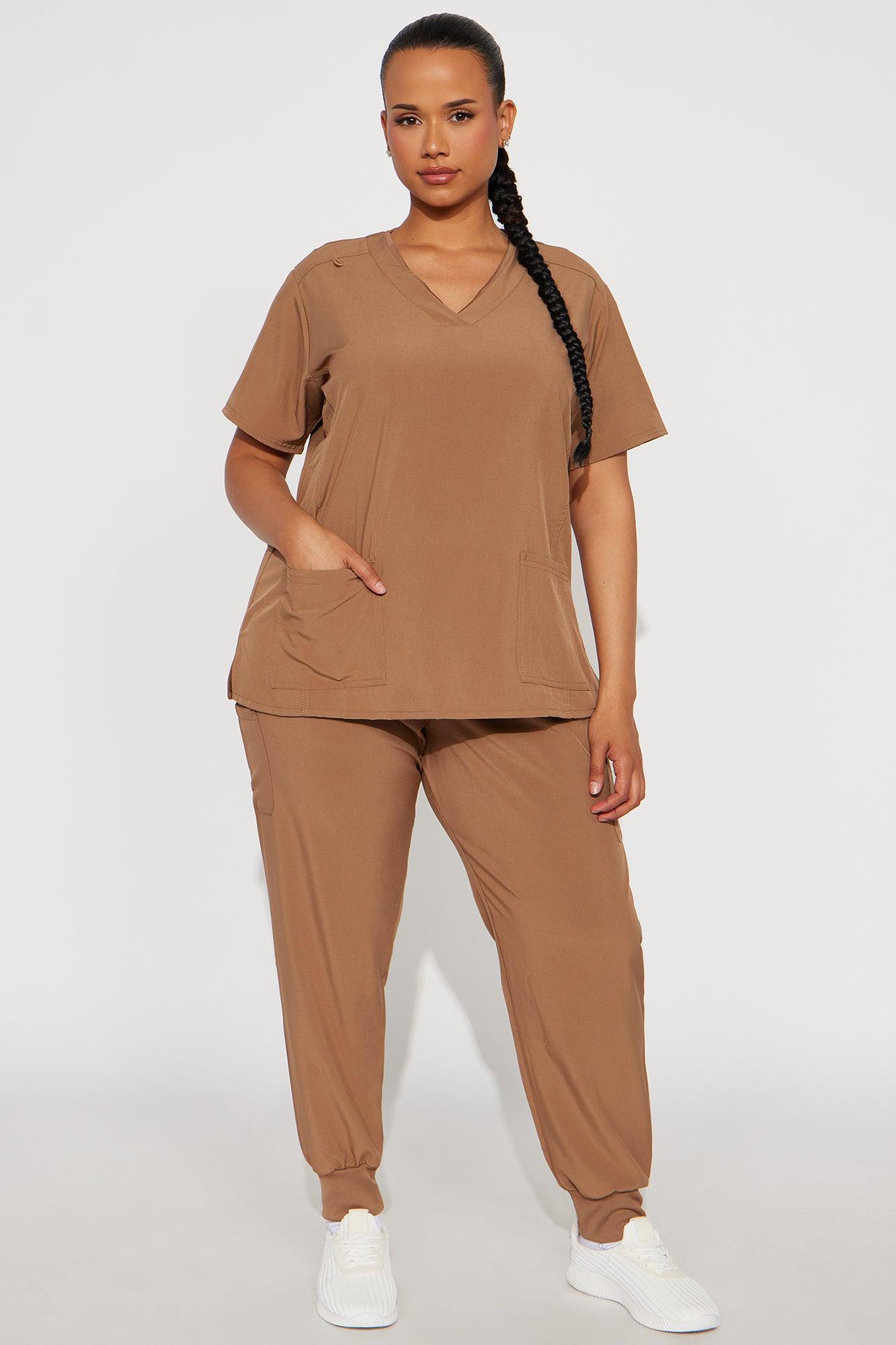 Checked In 4 Way Stretch Scrub Uniform Jogger Set - Chocolate Female Product Image