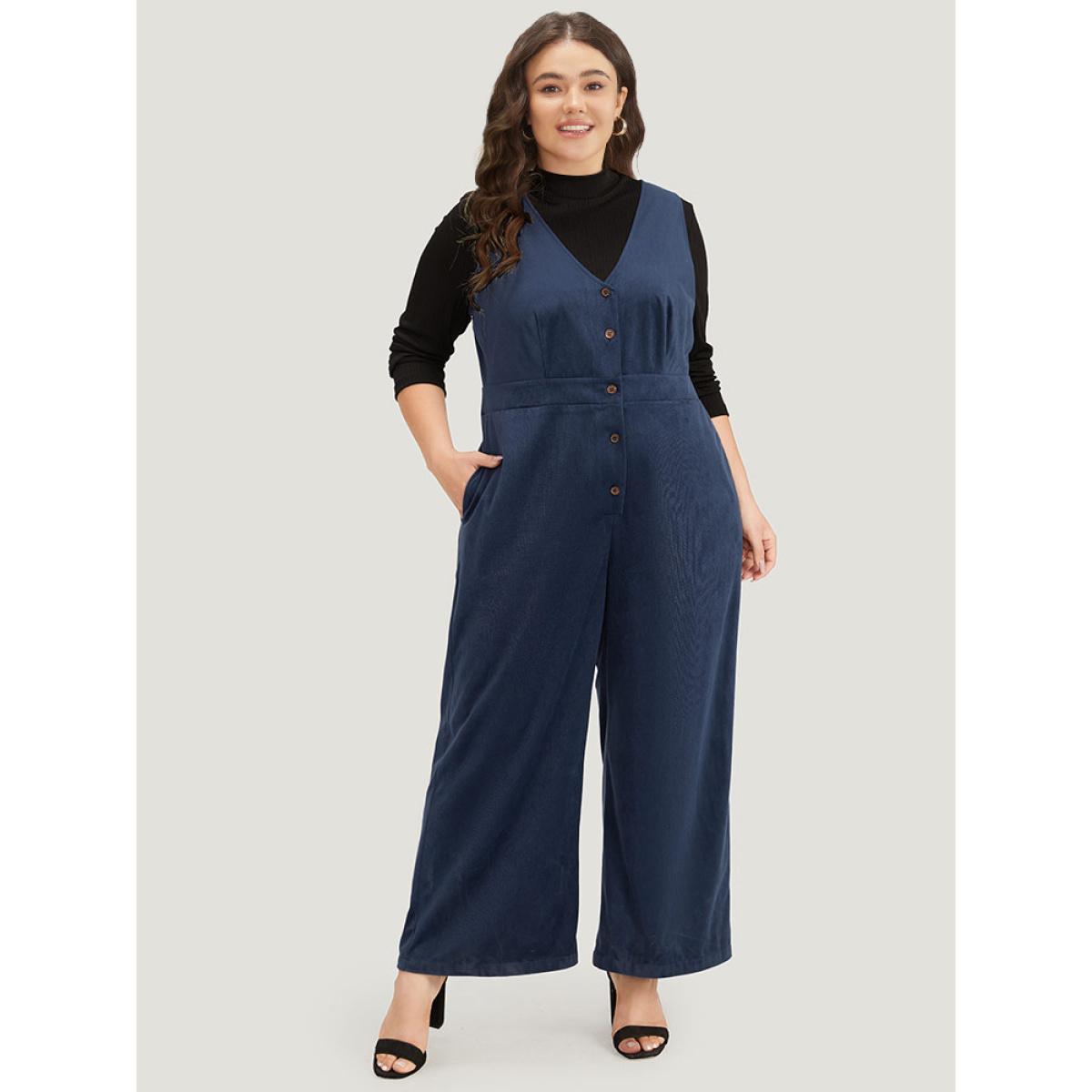 Plus Size DarkBlue Solid Button Through Pocket Tank Jumpsuit Women Elegant Sleeveless V-neck Dailywear Loose Jumpsuits BloomChic 14-16/1X Product Image