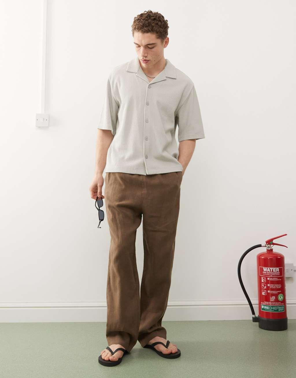 Weekday rib oversized resort short sleeve shirt in beige Product Image