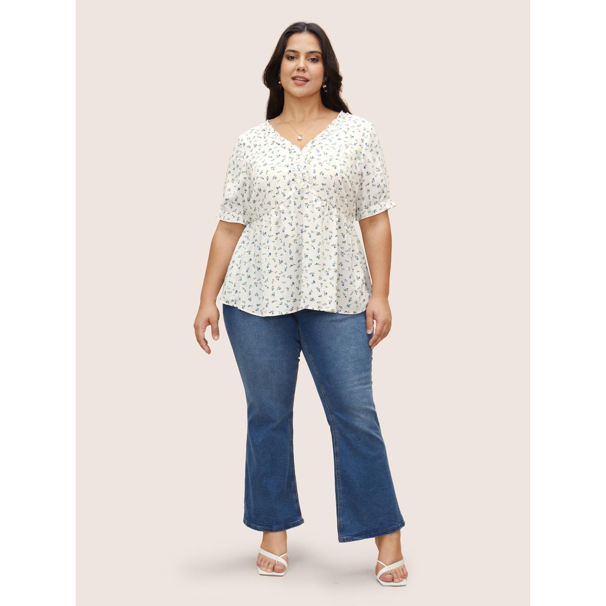 Plus Size White V Neck Ditsy Floral Frill Trim Blouse Women Elegant Short sleeve V-neck Everyday Blouses BloomChic 14-16/1X Product Image