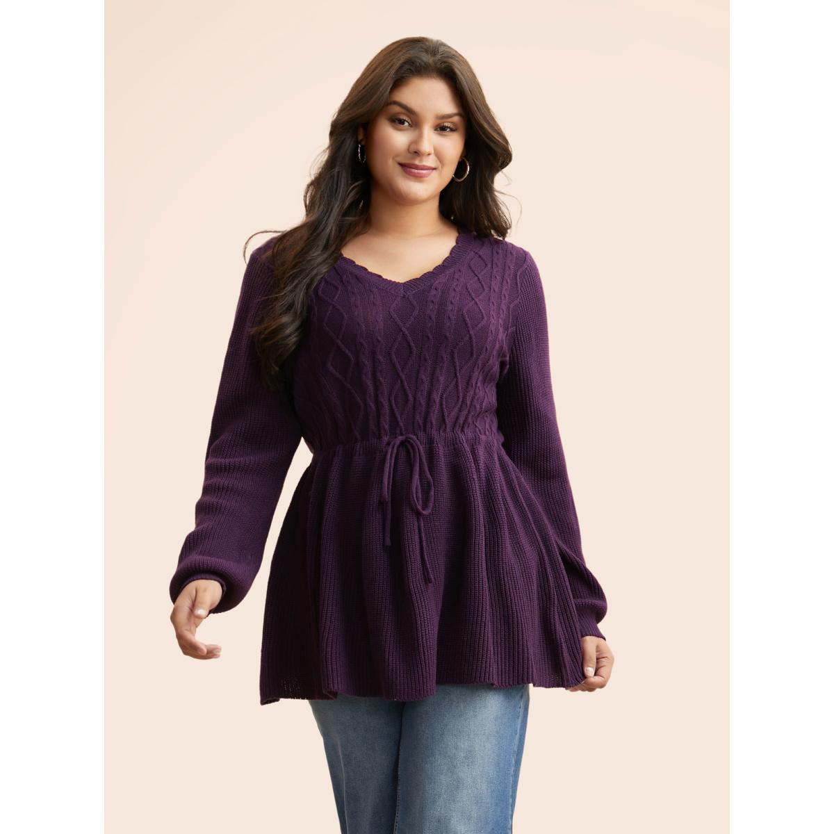 Plus Size V Neck Cable Knit Drawstring Pullover Eggplant Women Timeless Long Sleeve V-neck Elegant Pullovers BloomChic 12/L Product Image