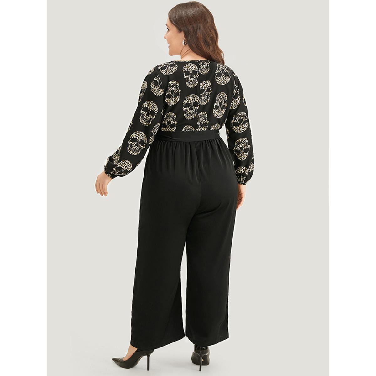 Plus Size BlackFlower Halloween Skull Print Pocket Elastic Waist Belted Jumpsuit Women Office Long Sleeve V-neck Festival-Halloween Loose Jumpsuits BloomChic 28/5X Product Image
