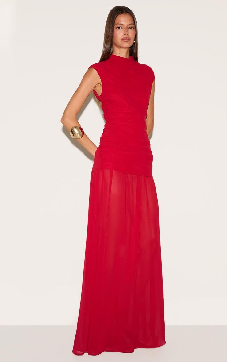 Red Chiffon Ruched Dropped Waist Sleeveless Maxi Dress Product Image