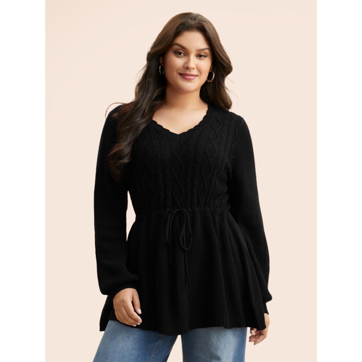 Plus Size V Neck Cable Knit Drawstring Pullover Black Women Casual Long Sleeve V-neck Everyday Pullovers BloomChic 30/6X Product Image