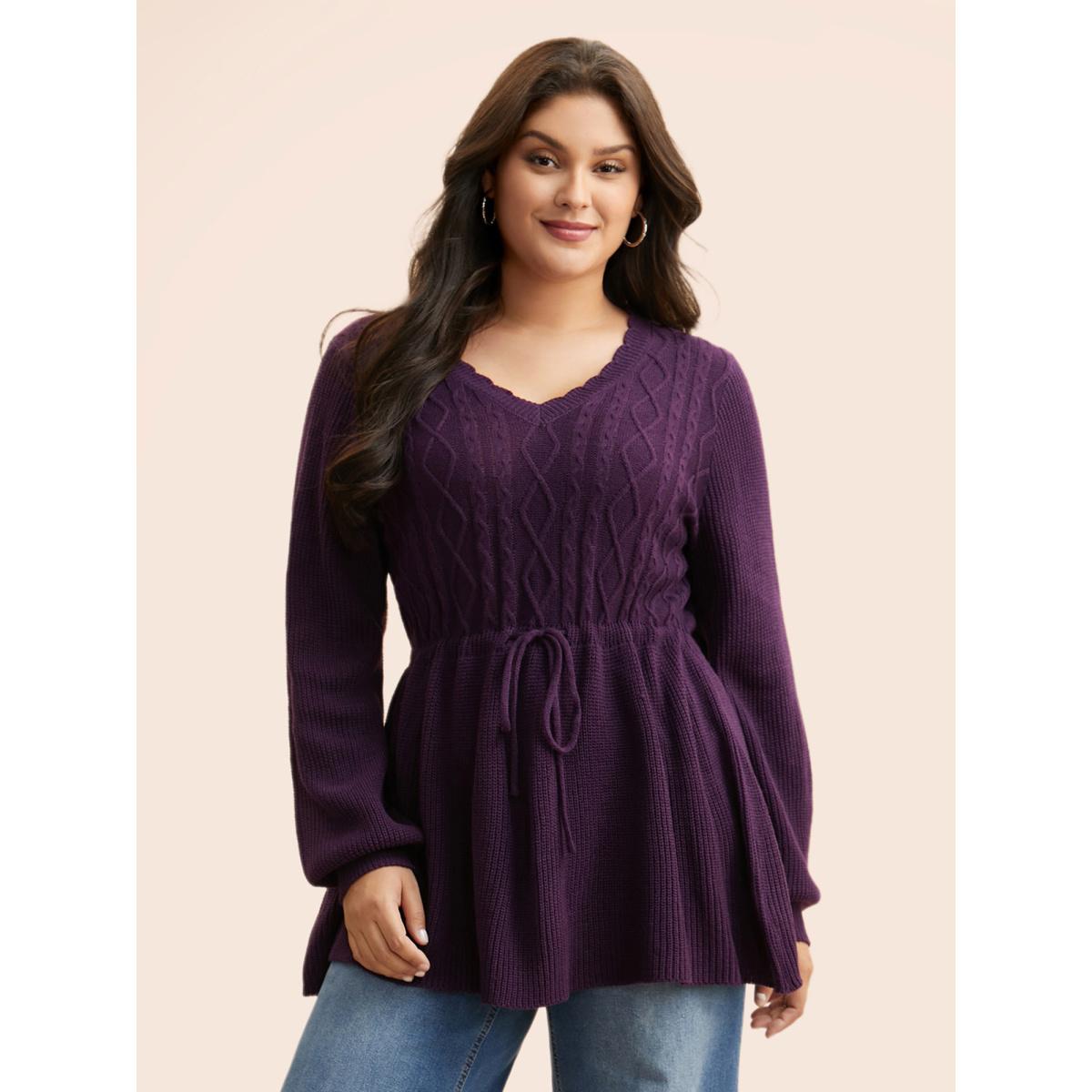 Plus Size V Neck Cable Knit Drawstring Pullover Eggplant Women Timeless Long Sleeve V-neck Elegant Pullovers BloomChic 12/L Product Image