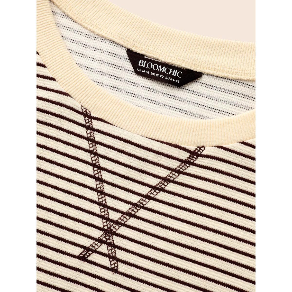 Plus Size Round Neck Striped Stitch Sweatshirt Women DarkBrown Casual Texture Round Neck Everyday Sweatshirts BloomChic 10/M Product Image