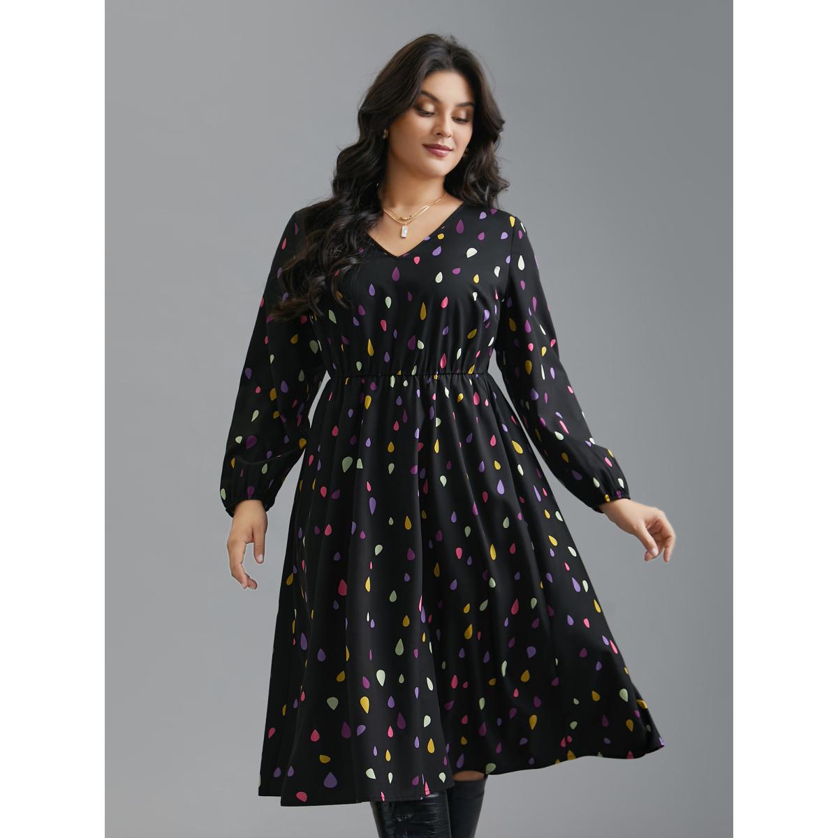Plus Size V Neck Color Contrast Lantern Sleeve Dress Black Women Elegant Contrast V-neck Long Sleeve Curvy BloomChic 18-20/2X Product Image