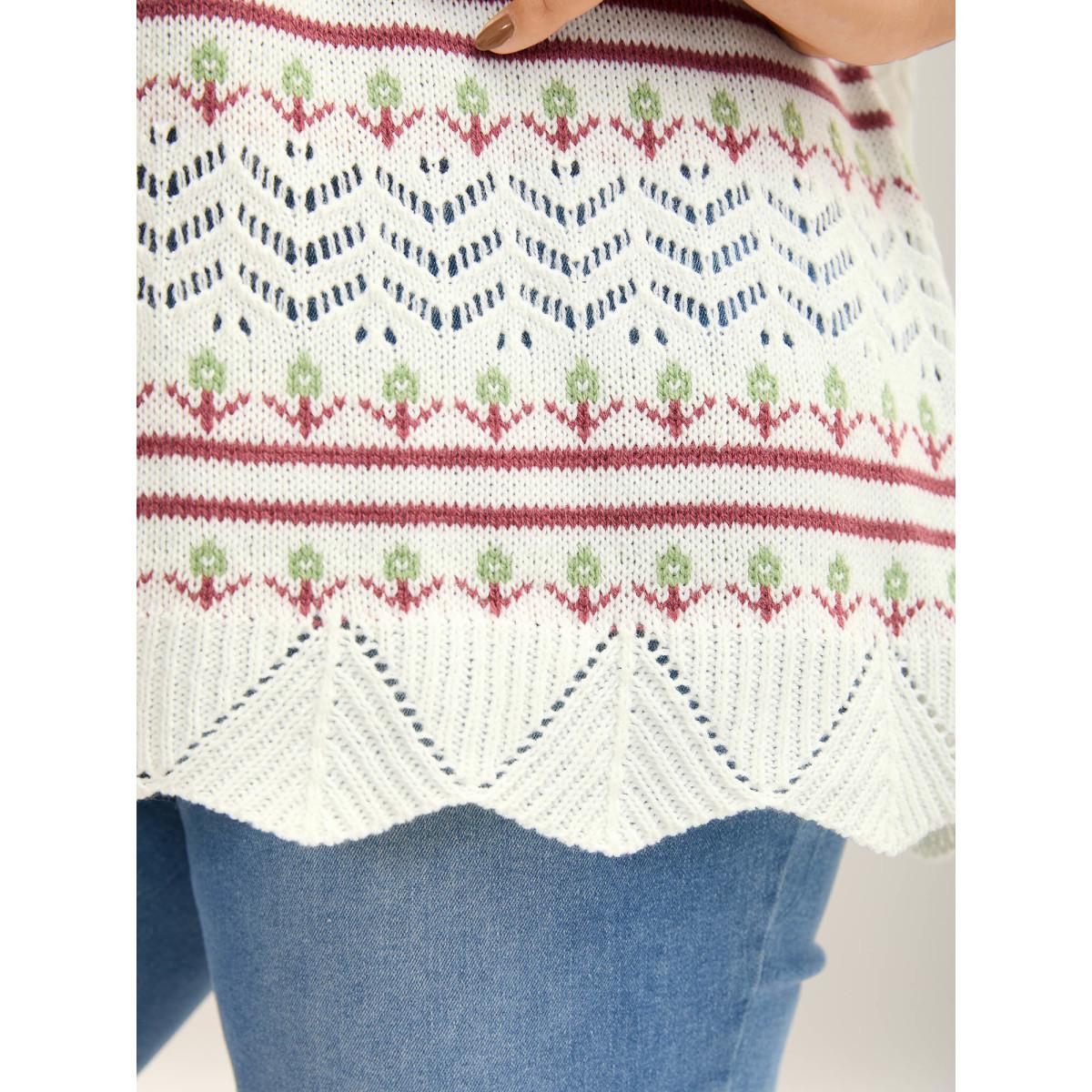 Plus Size Jacquard Pattern Crew Neck Ribbed Pullover Ivory Women Casual Loose Long Sleeve Round Neck Everyday-Casual Pullovers BloomChic 12/L Product Image